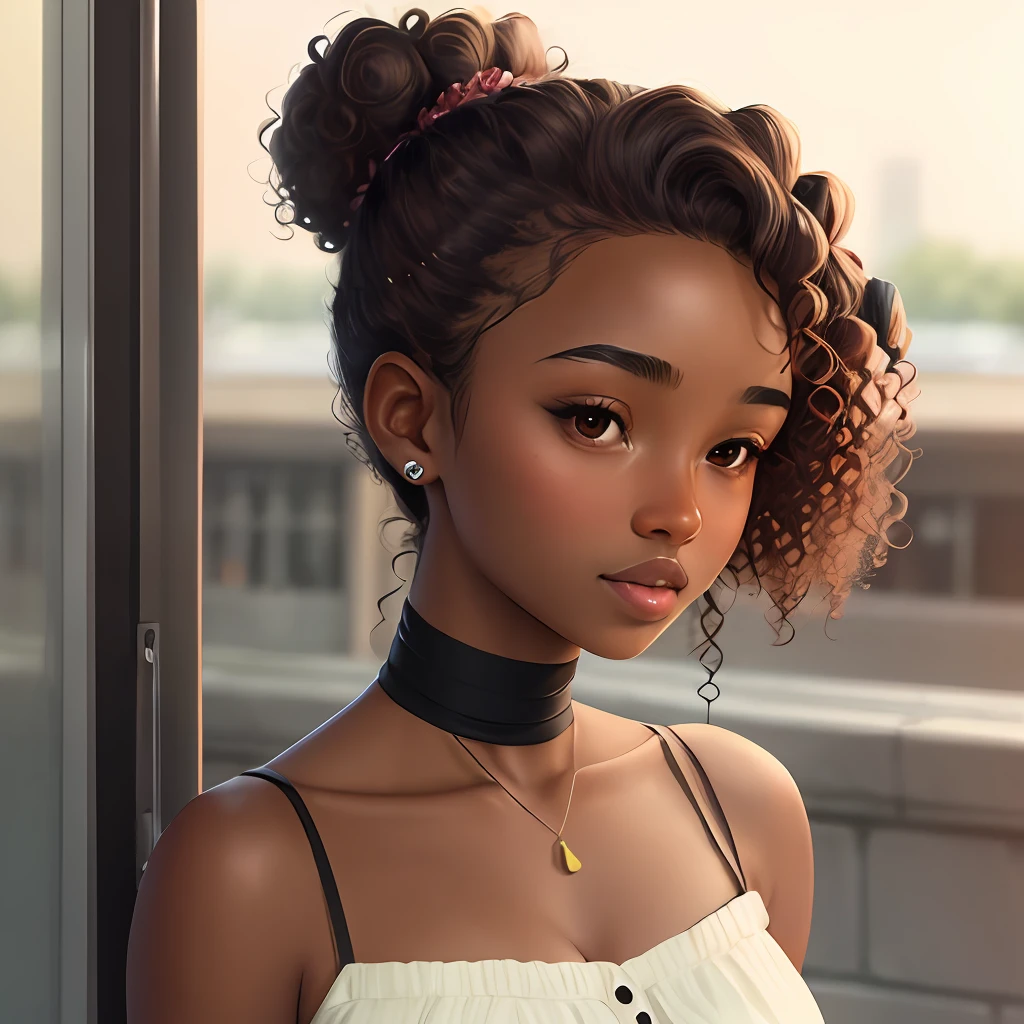 A girl with brown skin with curly hair up to her neck
