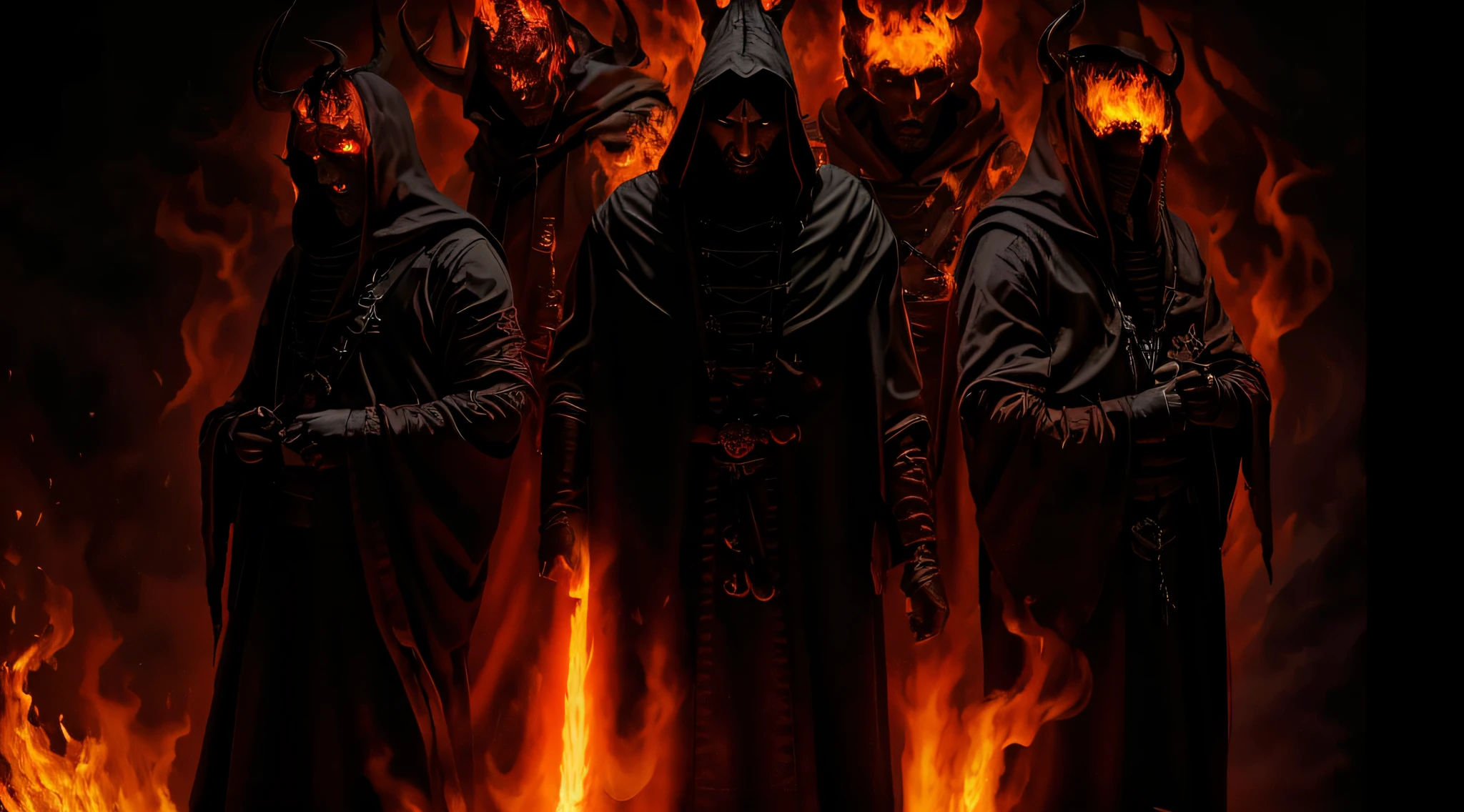 a group of men dressed in horned costumes standing in front of a fire, dark robes, the order of the burning shadow, demons of hell, all face covered with a fire, wearing dark robes, satanic ritual, tactical team in hell, just art for dark metal music, demonic robes, monks!!!!!!!!! fire, cultists watching, burning in hell, conjure devils