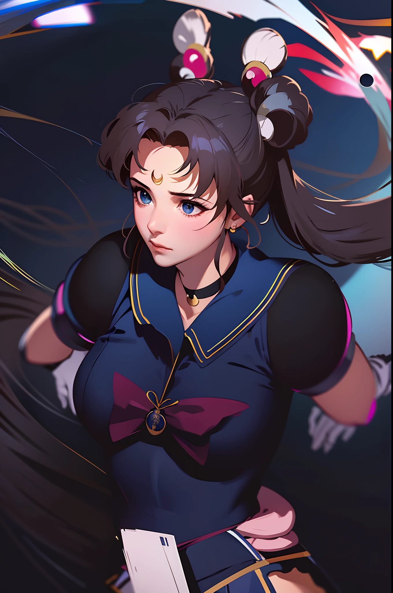 8K，RAW photos，best qualtiy，tmasterpiece：1.2），（超高分辨率：1.0），A detailed illustration，A detailed，（realisticlying，Fidelity：1.37），detailed beautiful skin，the sailor moon，Osaghi, double bun hair, double tails, Parted bangs, hair adornments, crescent facial mark, jewelry, Earrings, choker necklace, puffy short sleeves, pink sleeve, heart brooch, White gloves, Elbow gloves, Layered skirt