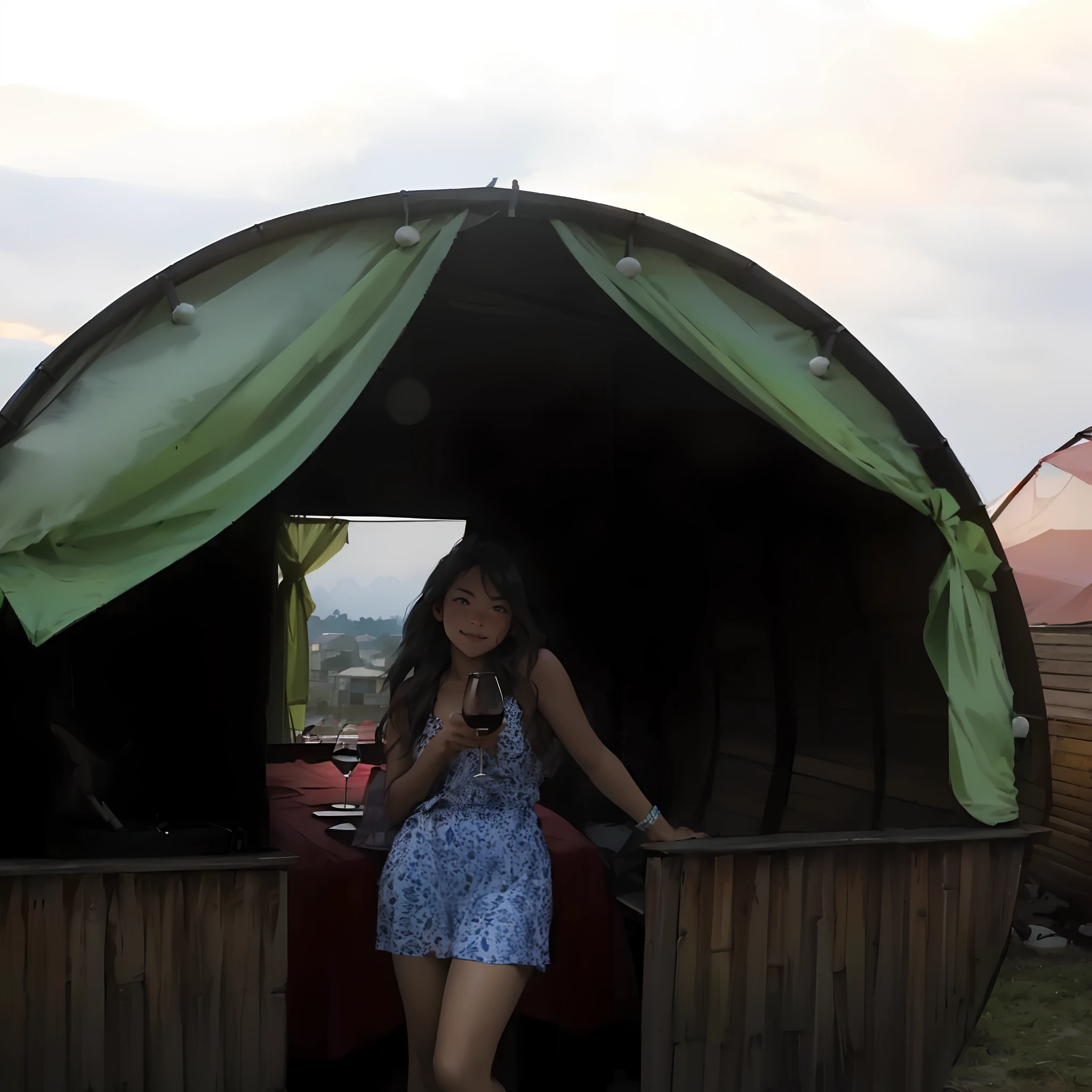there is a woman standing in front of a tent with a glass of wine, on rooftop, glamping, during sunset, bamboo huts, pov photo, chill time. good view, with sunset, ager hangout spot, with street food stalls, cafe in the clouds, at future neon light rooftop, in a colorful tent, full pose, low quality photo