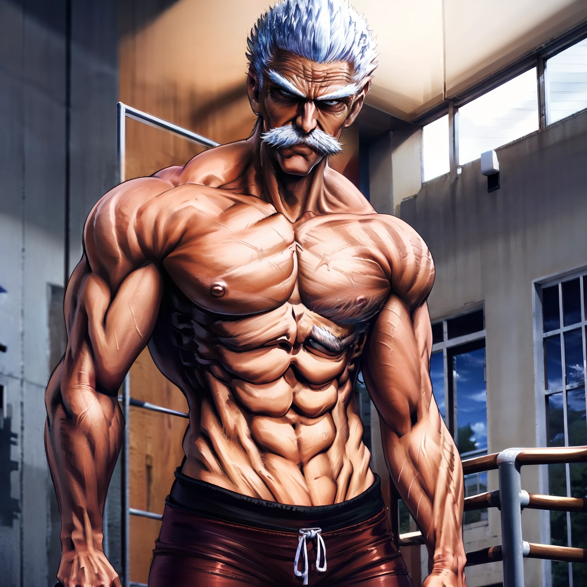 Boy, gym, muscular, stocky body, gym pose, elegant pose, stand pose, red pants colors, white hair colors, white eyebrow colors, white moustache colors, black eyeball colors, in gym room, realistic, black eyeball colors