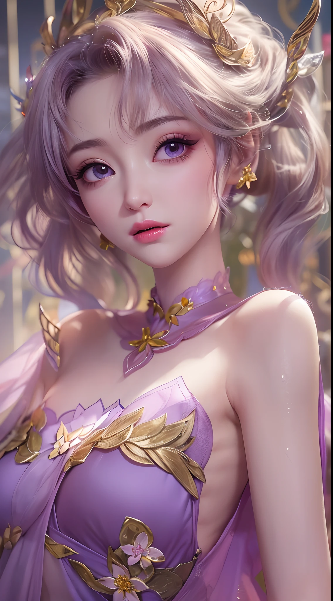 1 20 year old girl, 1 goddess Athena, pink purple silk dress, beautiful goddess Athena face without blemishes, delicate yellow nightgown, long thin sequin nightgown with many sexy black lace details, female saint legend, female saint icon, beautiful goddess style glitter, dark and mysterious version, vermilion lips, plump red lips, not smiling, mouth closed, detailed and delicate images beautifully, delicate and beautiful lip detail, (pure and flawless face: 1.9), female saint body, moderate breasts, ((Super Breast Lift:1.4)), breasts are round and regular,super tight breasts, phoenix brooch, long flat bangs, (((double ponytail: 1.8))), flower stickers tattoo on forehead, beautiful clear face and well-proportioned eyes, (light purple eyes: 1.8), (big round eyes and makeup, sexy wet eye makeup, very beautiful and meticulous hair makeup, long and delicate blonde hair, delicate, body image: 1.8), figure: and vivid, (stars that make up the sky: 1.7), (the sky of heaven and the fictitious gate of time and space: 1.8), fictional art, RAW photos, hanfu photos, best photos, high resolution, best quality, best photos, best goddess quality, 8k female, super 8 single saint portraits, truest color schemes, masterpieces, best beauty brands, best hair jewelry, brand real photo, dark studio, border light, two-tone lighting, (rose white skin: 1.4), (high skin detail: 1.1), 8k uhd, soft light, 8k, high quality, candid, volume Smooth and sharp, 10x pixel increase, sexy goddess, (background space: 1.8), (most beautiful aurora eyes: 1.7), beautiful eyes, aurora beautiful and flowery, (beautiful single girl: 1.8), (more details:0.8),