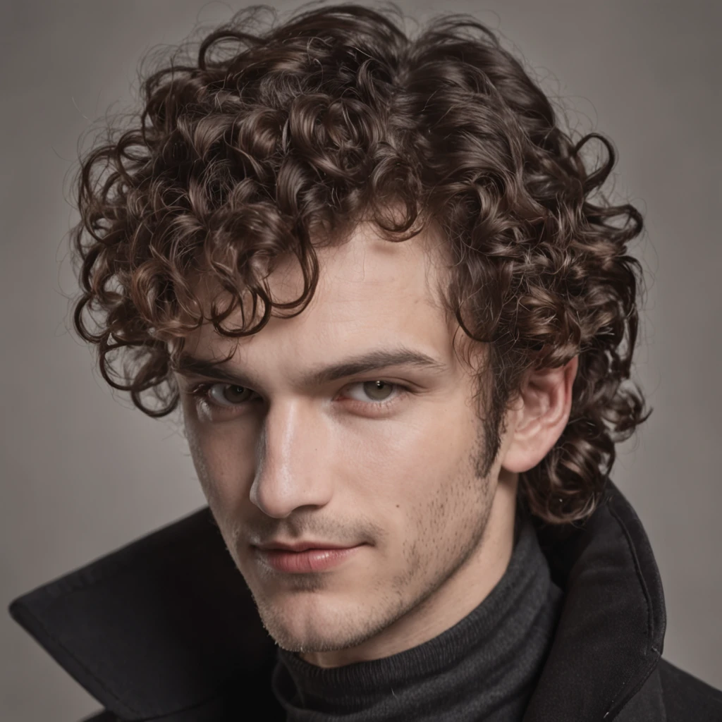 Generate an image of a handsome devil with curly hair. Depict a devilish figure with charming features and a mischievous grin. The curly hair should cascade in a wild yet alluring manner, framing the devil's face in a way that adds to their charismatic appeal. The eyes should hold a glint of playfulness and maybe a hint of mystery, drawing viewers into the devil's captivating gaze. Use warm and inviting colors that highlight both the devil's attractive qualities and their devilish nature. The overall composition should exude confidence, wit, and a touch of danger, making it clear that this devil is as enchanting as they are cunning