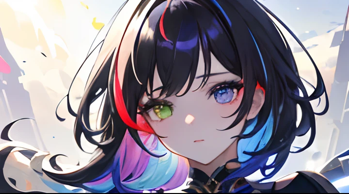 {{masterpiece}}, best quality, extremely detailed CG unity 8k wallpaper, cinematic lighting, lens flare, beautiful detail eyes, black,  side glance,  multicolor hair, colorful light, particles, heterochromia, (colorful:1.5), (colorful hair:1.5),