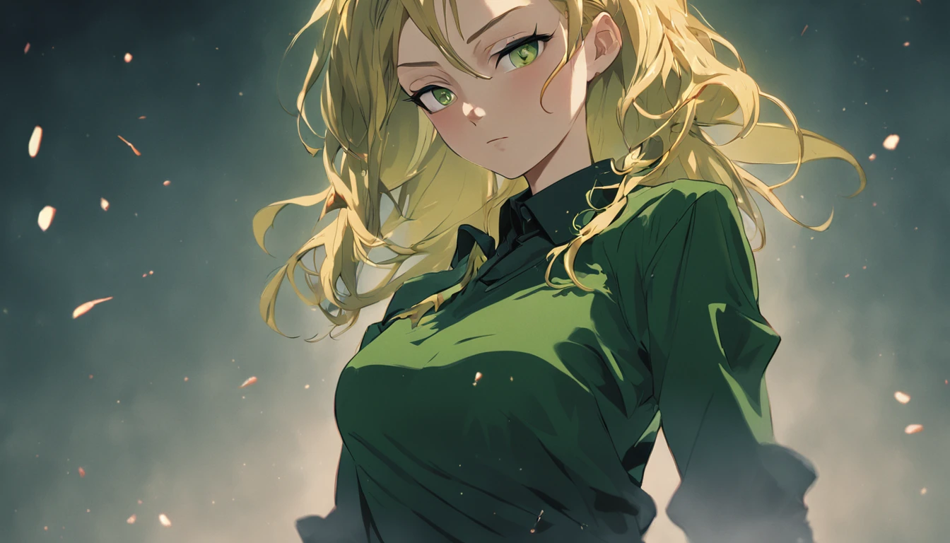 a beautiful 25 years old British female vampire, with braided blonde hair, wearing dark green shirt and black tight pants, splash art style, battle ready pose, looking at viewer, dynamic angle, photo realism, volumetric lighting, intricate hand details, highly detailed, vibrant colors, cinematic, neoprene, Unreal Engine 5 stylized digital art, 8k, trending on Artstation.--Style Raw