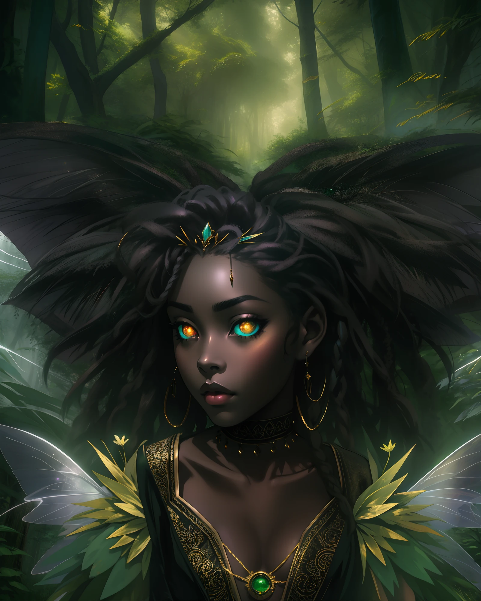 sad hyper realistic, beautiful sad african american dark cloud fairy sark princess fairy, large fairy wings, long silver shiny dreadlocks, GLOWING GOLD EYES, surrounded my dark thick smoke in a green dark forest, GIANT FAIRY WINGS, holding a white storm cloud, masterpiece, cinematic,