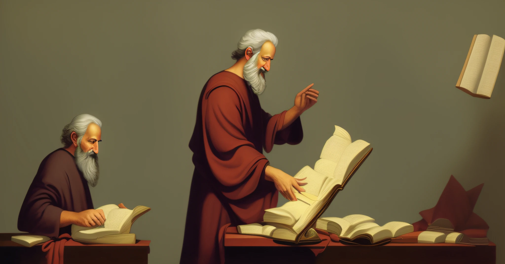 Homem com barba e barba segurando uma caneta e escrevendo, Arquimedes, philosopher, Nicodemos, wizard reading a directory, moses, theophanes, Hermes Trismegisto;, academic painting, bible illustration, Estoicismo, inspired by Nicomachus of Thebes, monge, gregory euclide
