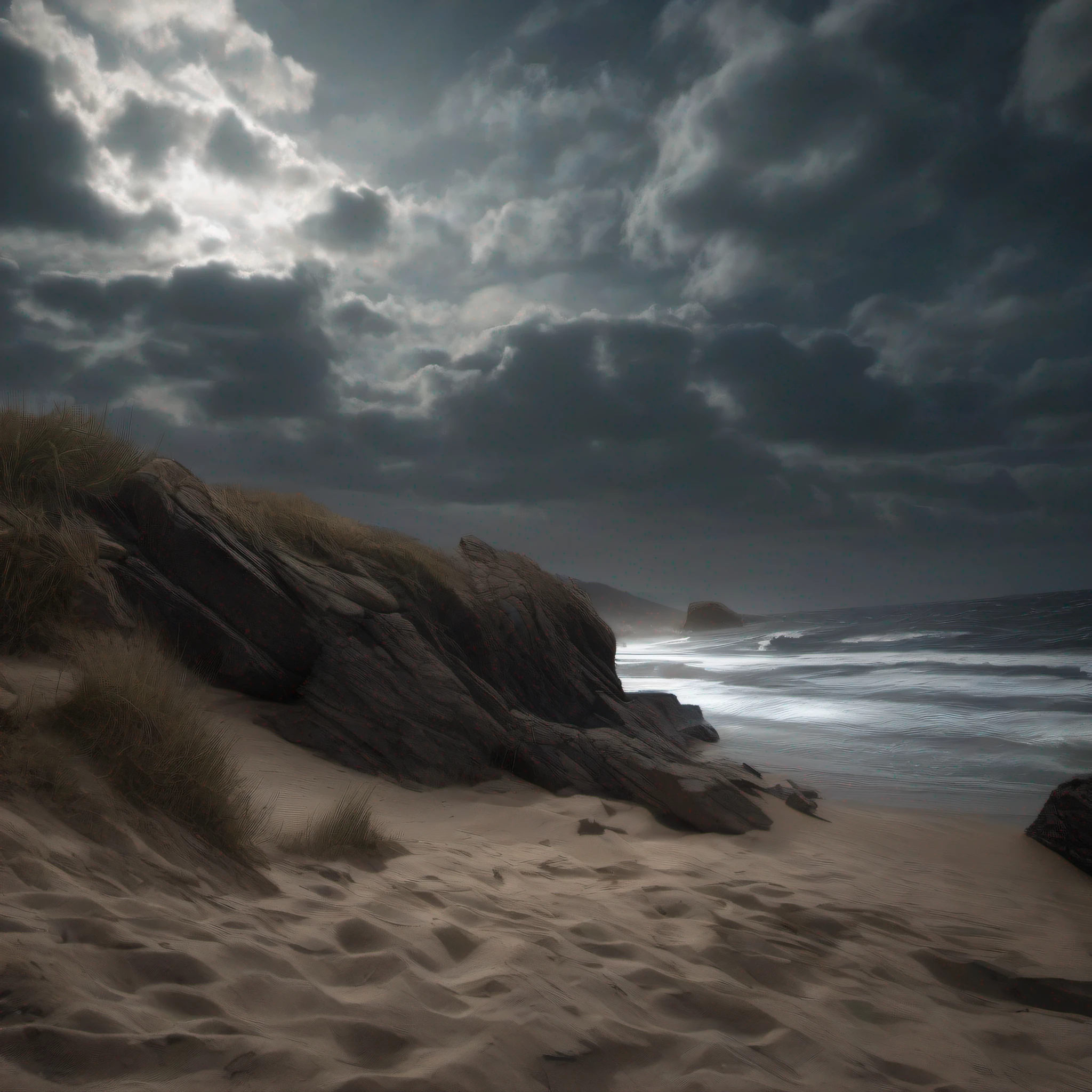 Foto RAW,melhor qualidade, detalhes intrigante, papel de parede, ultra high-resolution), (Realistic) Fundo sombrio, detailed cinematic render, 8k rendering A high resolution)A gloomy sky with clouds under the hill on the beach on a rock a werewolf howls at the full moon that is quite large at the bottom of the beach where there are several in barations of the angry sea, a noite,sem luz,(lua muito grande:1.5),raios de luar,Rodeado a colonia de pescador,(perspectiva positiva,Olhe para a lente de cima para baixo
