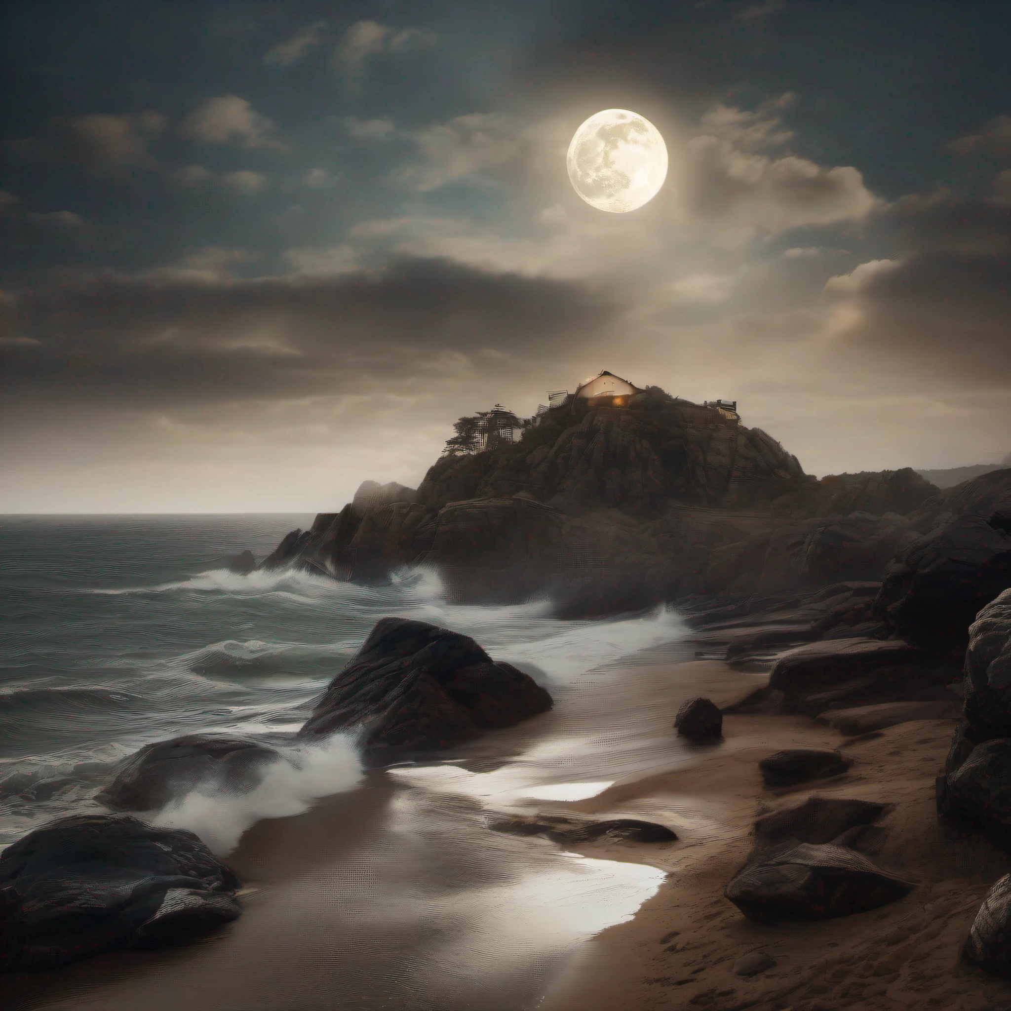 Foto RAW，melhor qualidade, detalhes intrigante, papel de parede, ultra high-resolution), (Realistic)  Fundo sombrio, detailed cinematic render, 8k rendering A high resolution）A gloomy sky with clouds under the hill on the beach on a rock a werewolf howls at the full moon that is quite large at the bottom of the beach where there are several in barations of the angry sea, a noite，sem luz，(lua muito grande:1.5)，raios de luar，Rodeado a colonia de pescador，（perspectiva positiva，Olhe para a lente de cima para baixo