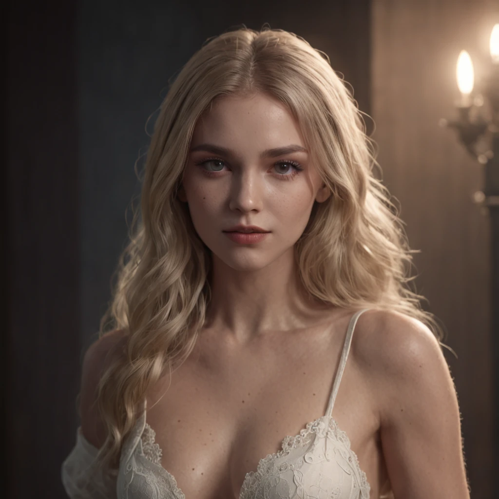 (professional 3d render:1.3) af (Realistic:1.3) most beautiful artwork photo in the world, full-body full-length photo of blonde gorgeous 20yo beauty in detailed skimpy white silk lace nightwear, full cinematic makeup, eyeliner, mascara, (scared of the dark), ((Fantastic location, Majestic cluttered environment)), full body 8k unity render, waiting, skin pore, very dark lighting, heavy shading, Detailed, Detailed body, (vibrant, photograph realistic, Realistic, Dramatic, Dark, Sharp focus, 8K), (Intricate:1.4), decadent, (Highly detailed:1.4), Digital painting, rendering by octane, art stations, concept-art, smooth, Sharp focus, illustration, Art germ, (loish:0.23), greg rutkowski and alphonse mucha gracias, (Global illumination, Studio light, volumettic light), ((highly detailed dark and ancient palace interior background:1.3)), CGSesociety, artstation