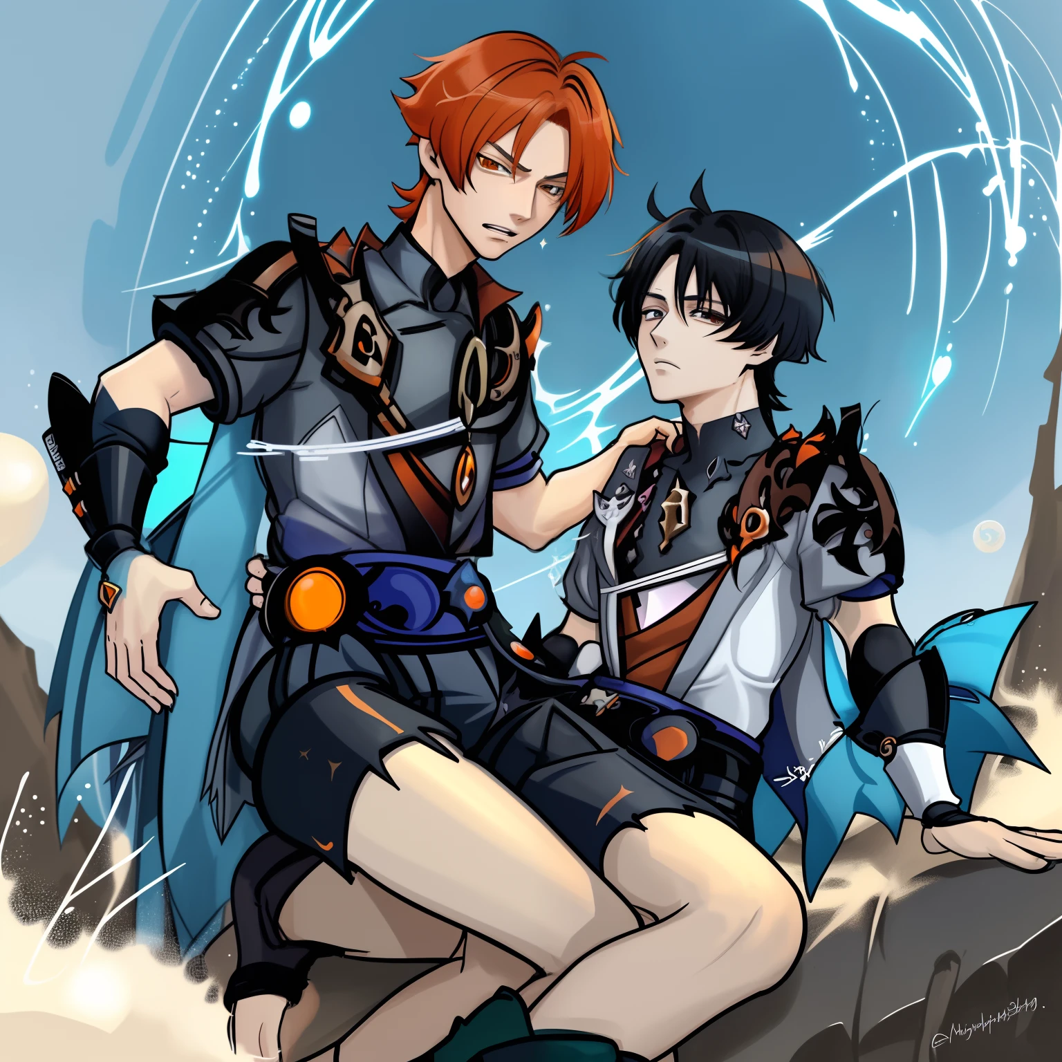 Tartaglia, orange hair, Two guys, Cuddling, skirmish, black hair, Anime style, Disney style, Two guys, 1two boys, characters from the game Genshin impact