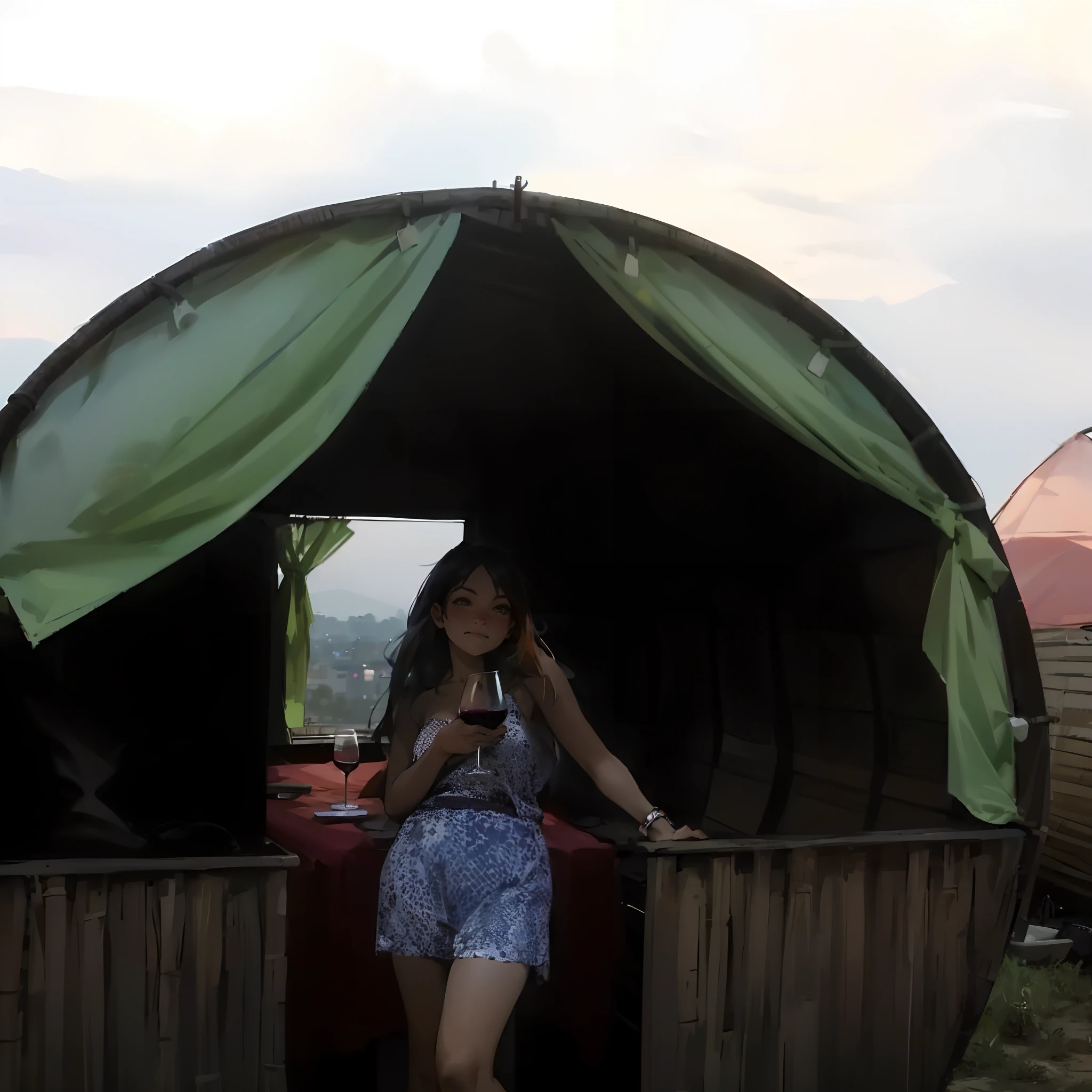 there is a woman standing in front of a tent with a glass of wine, on rooftop, glamping, during sunset, bamboo huts, pov photo, chill time. good view, with sunset, teenager hangout spot, with street food stalls, cafe in the clouds, at future neon light rooftop, in a colorful tent, full pose, low quality photo