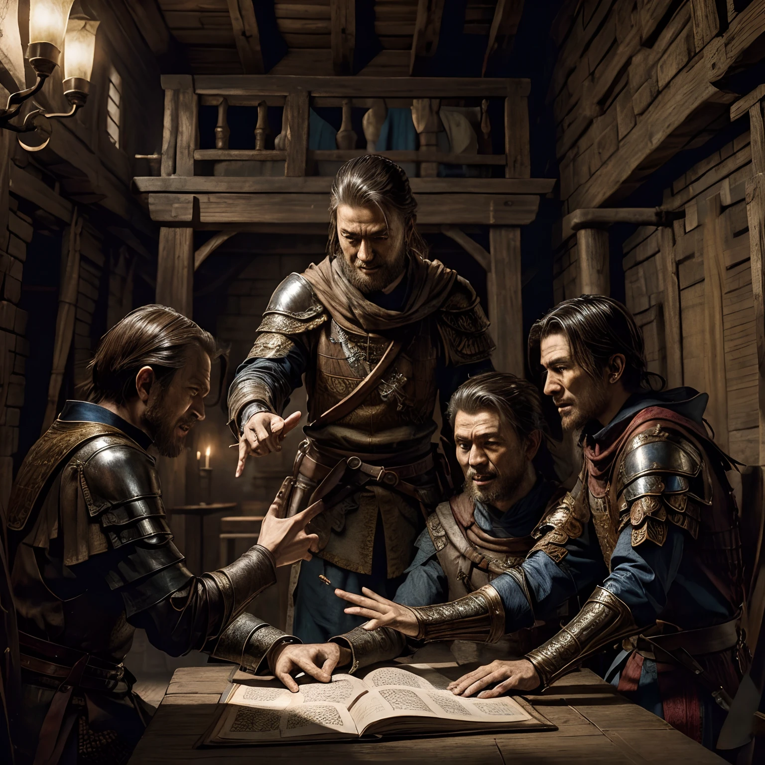 Ten assassins around a table making gestures of greeting from medieval science realism To book cover