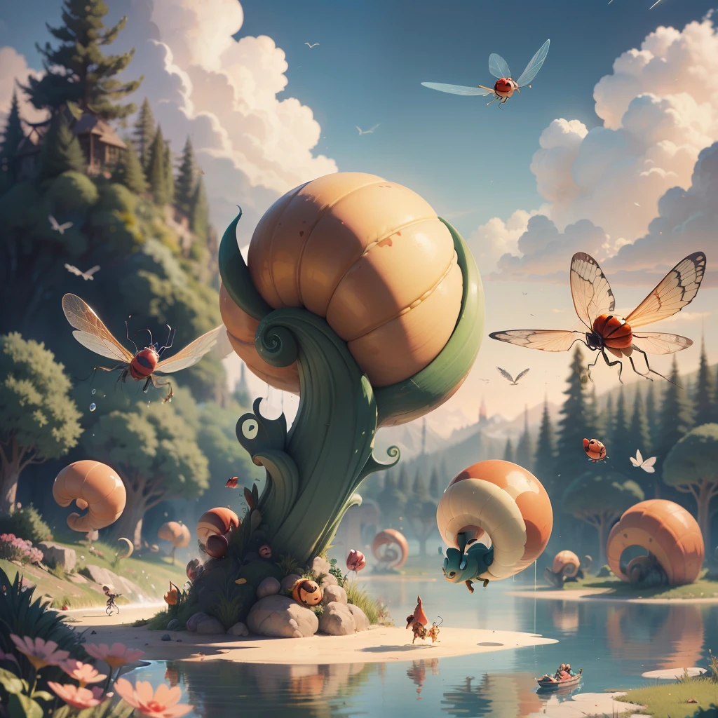 Fantasy, Cartoon illustration of a fantasy world with bizarre large snails and ladybugs and dragonflies, Flying over the surface of the lake, Everyone is cheerful and happy. close-up, cartoon style Disney Pixar. cinematic, Lots of details. Blurred fantasy background. light haze. --auto --s2