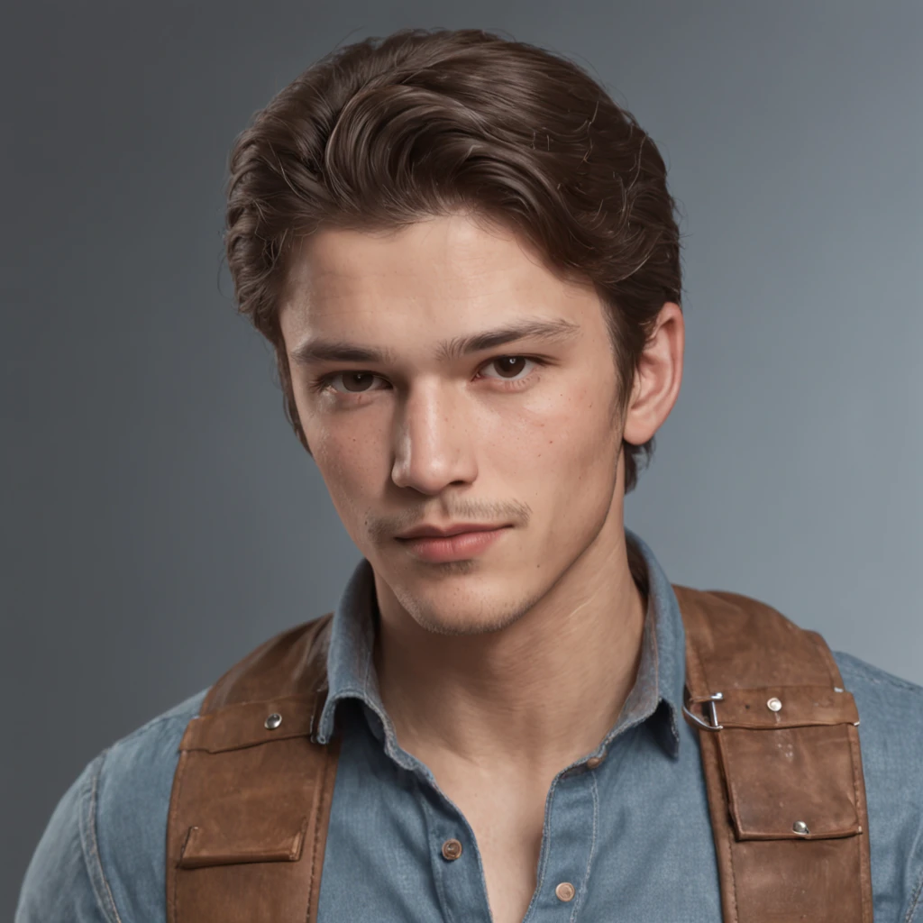 A photorealistic portrait of a young man in a rancher clothes', a tan shirt, suspenders and blue jeans, average looking, hyper realistic, photorealistic, natural hair, natural face, mustache, sideburns, , hyper detailed, sun beaten.