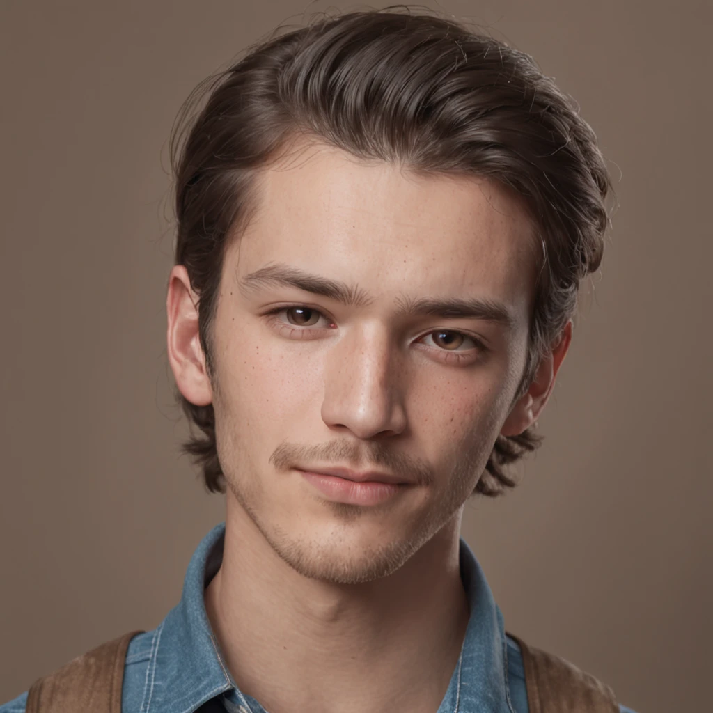 A photorealistic portrait of a young man in a rancher clothes', a tan shirt, suspenders and blue jeans, average looking, hyper realistic, photorealistic, natural hair, natural face, mustache, sideburns, , hyper detailed, sun beaten.