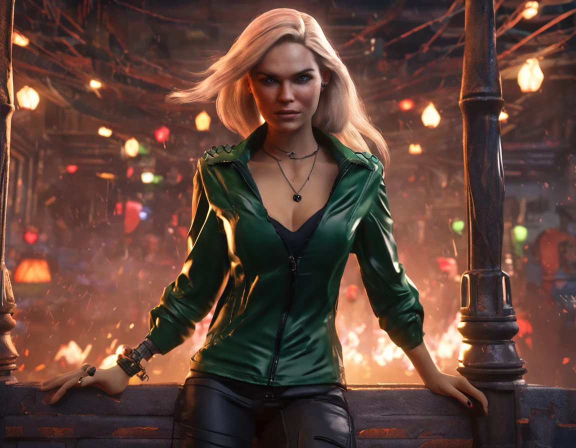 a beautiful 25 years old British female vampire, with braided blonde hair, wearing dark green shirt and black tight pants, splash art style, battle ready pose, looking at viewer, dynamic angle, photo realism, volumetric lighting, intricate hand details, highly detailed, vibrant colors, cinematic, neoprene, Unreal Engine 5, stylized digital art, 8k, trending on Artstation.--Style Raw