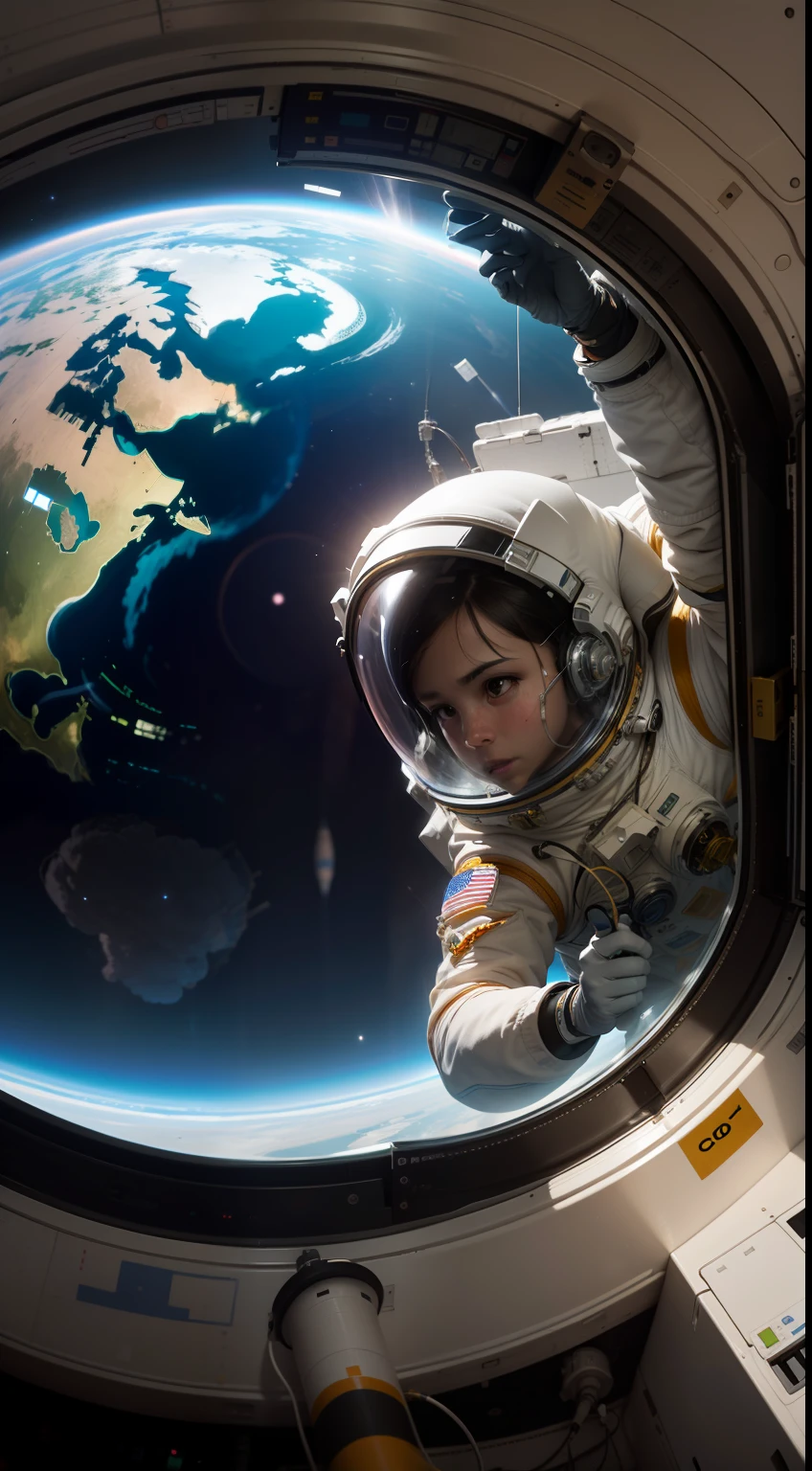 raw photo, (cute astronaut Russian-girl), high detailed ultra-futurist spacesuit, (textured clothing), softlight passing through hair, (alien, ultra-hitech space-base background), (random background), depth of field