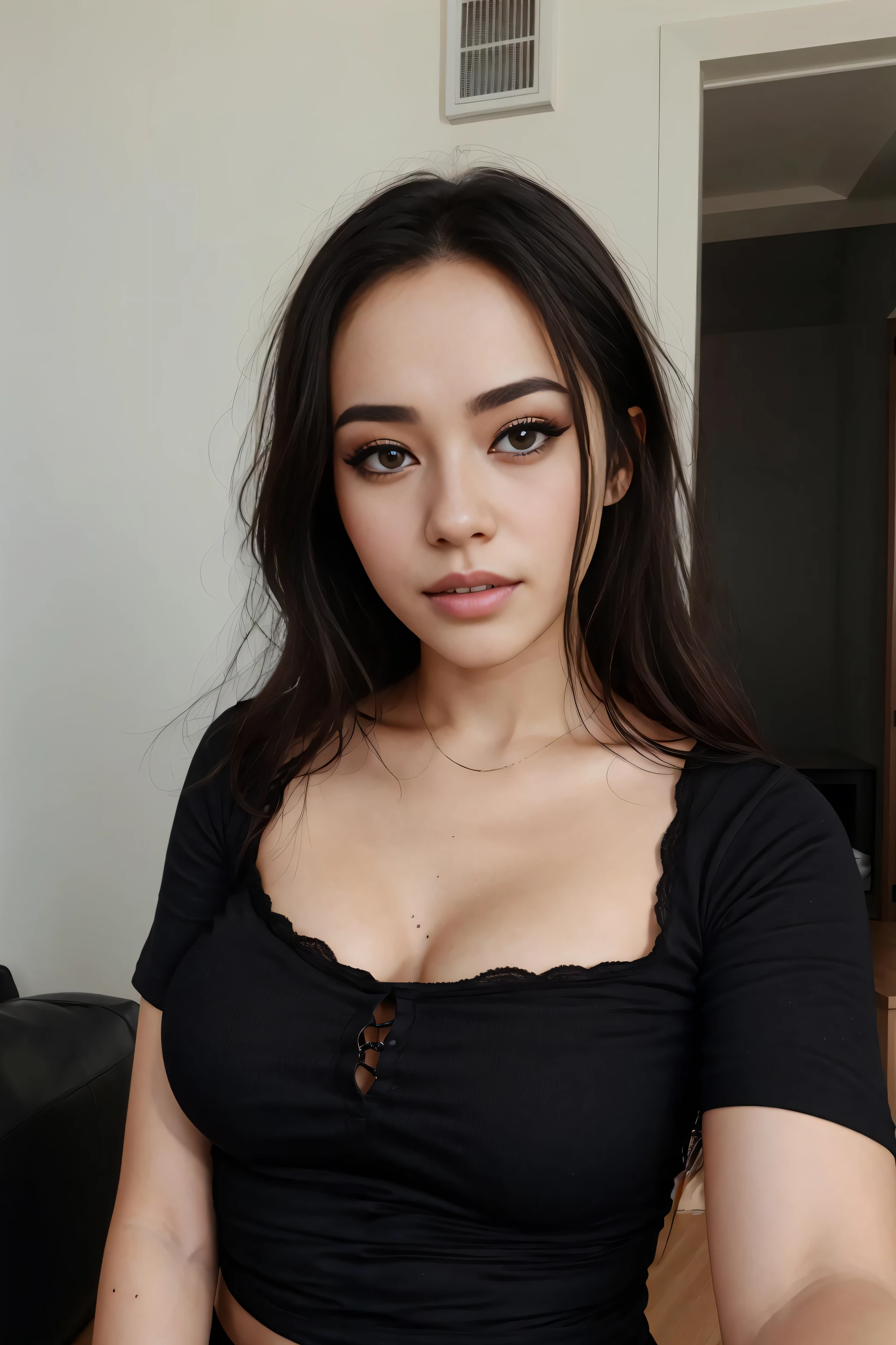 IA de una chica con las siguientes caracteristicas : chica de 1.65 cm de altura,cabello largo casi negro , lunar debajo del labio ,ojos verdes de piel blanca, vestida con un top rosado manga larga ,una pollera negra con blanco, cabello recogido con una cinta rosada.