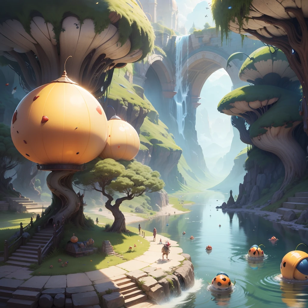 Fantasy, Cartoon illustration of a fantasy world with bizarre large snails and ladybugs, Flying over the surface of the lake, Everyone is cheerful and happy. close-up, cartoon style Disney Pixar. cinematic, Lots of details. Blurred fantasy background. light haze. --auto --s2