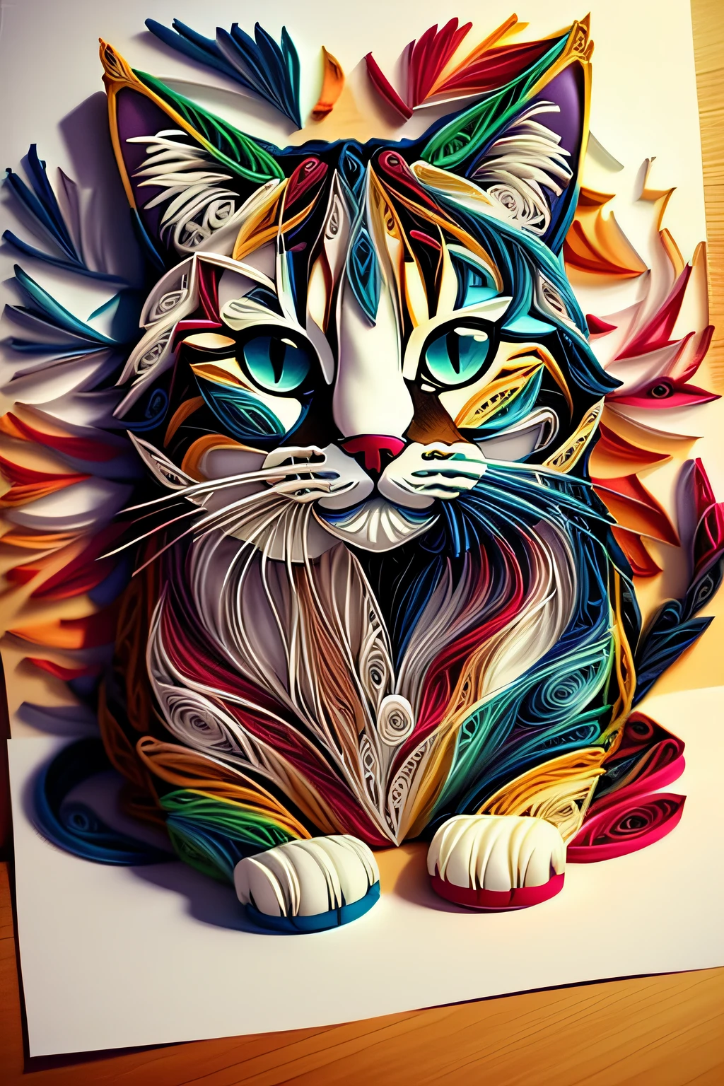 gato, papel multi dimensional quilling, arte, 
yang08k, lindo, colorido,
obras-primas, qualidade superior, melhor qualidade, arte oficial, beautiful and aesthetic,