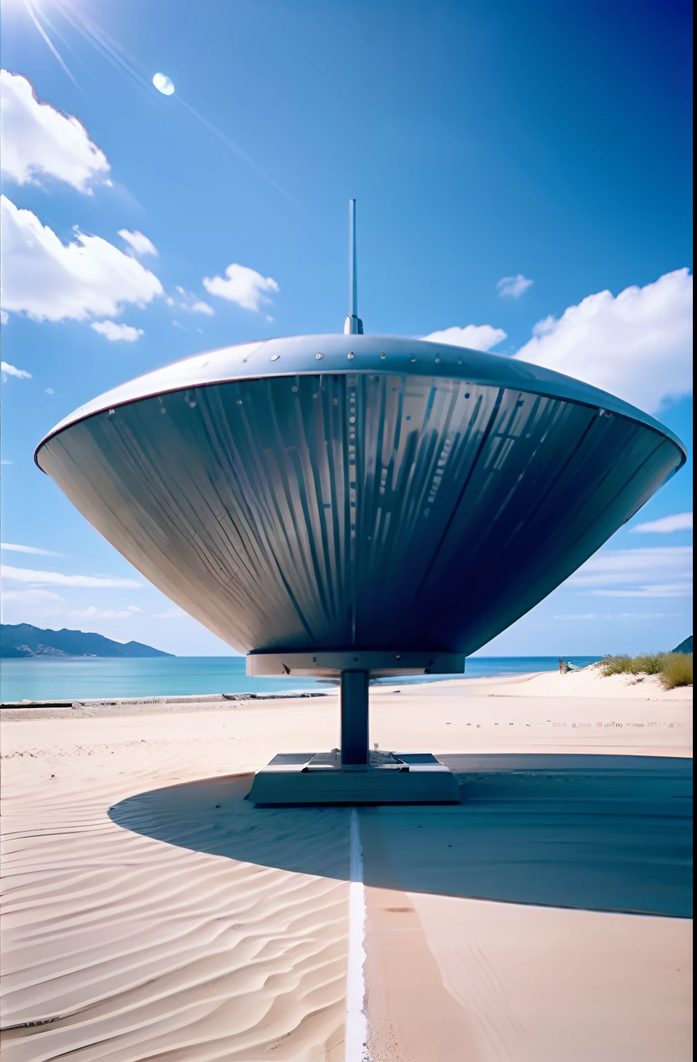Top image quality,On the silver sand,Exhibit instruments with a sense of technology,Perspective is normal,Low-angle long-distance shooting,Many various musical instruments are flying,Minimalist scene,Starship,In the daytime,sunny clear sky,There is no cloud,Frontlighting,shot