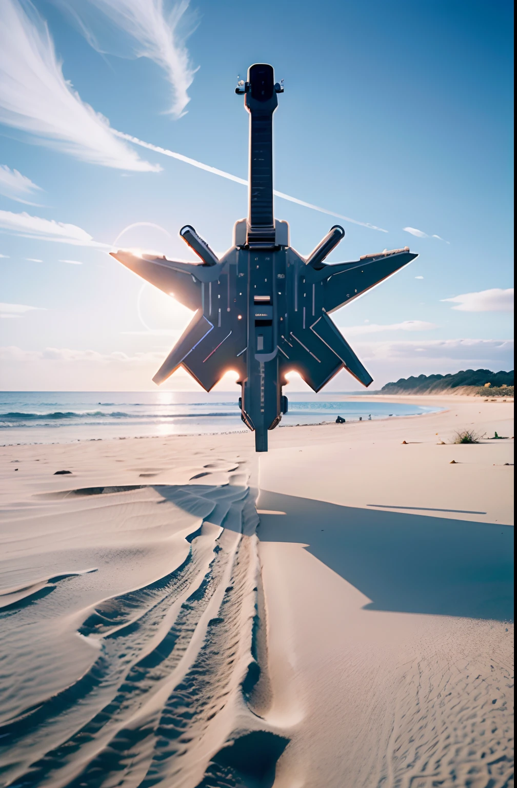 Top image quality,On the silver sand,Exhibit instruments with a sense of technology,Perspective is normal,Low-angle long-distance shooting,Many various musical instruments are flying,Minimalist scene,Starship,In the daytime,sunny clear sky,There is no cloud,Frontlighting,shot