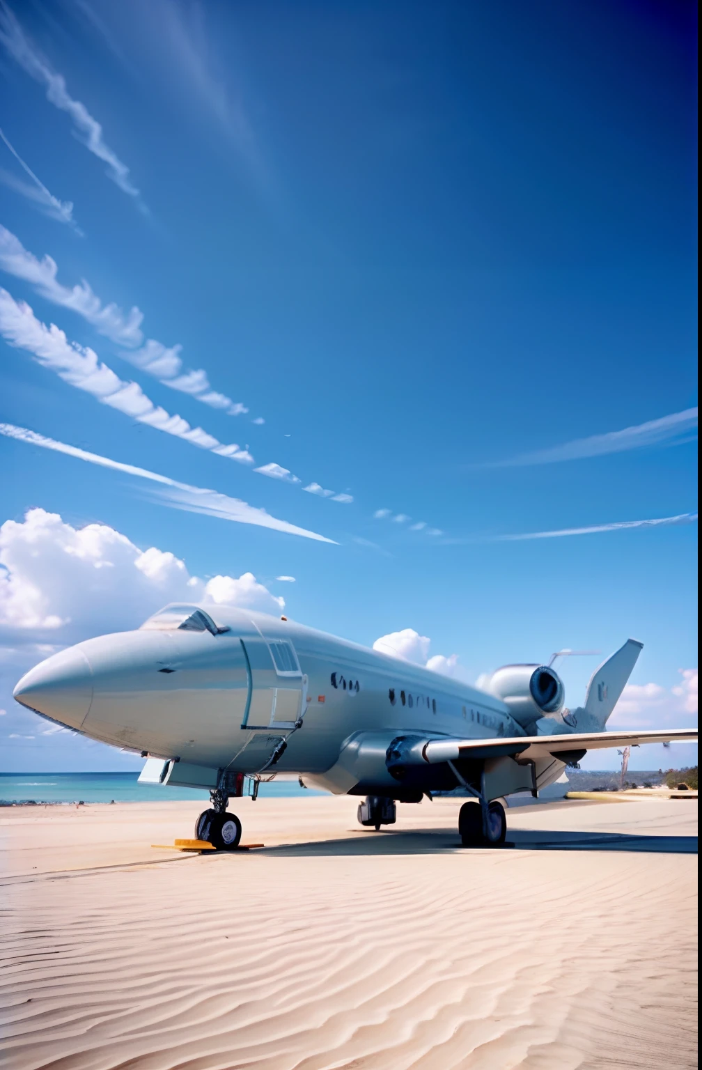 Top image quality,On the silver sand,Exhibit instruments with a sense of technology,Perspective is normal,Low-angle long-distance shooting,Many various musical instruments are flying,Minimalist scene,Starship,In the daytime,sunny clear sky,There is no cloud,Frontlighting,shot