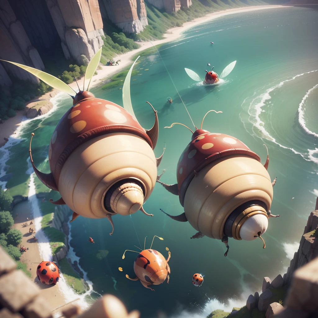 Fantasy world of Hieronymus Bosch with flying friendly huge mechanical snails. Riding a snail beautiful sexy alien girl. Close-up. Flight over the lake. Water splashes, splashes in all directions, laughing merrily. All the characters of the wonderful and funny cartoon Disney Pixar. super realistic. cinematic. Blurred background in motion. light haze --auto --s2