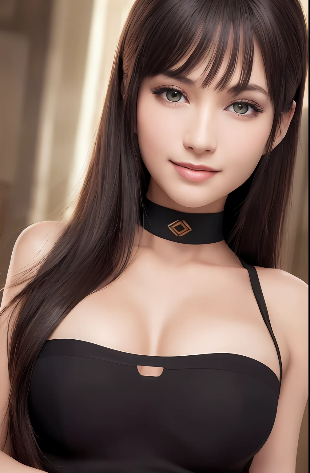 22 year old white female、hair color is black、hair is shiny、black eye、Her hairstyle is a bob cut with fringe.、accessories on wrist、wearing a necklace、has earrings、skin is smooth、Slender but muscular body、smile、is cleopatra、Wearing transparent and extravagant clothing、I am in a room with luxurious furniture in an ancient Egyptian-style building.、wearing a loincloth、Wearing Cleopatra style accessories