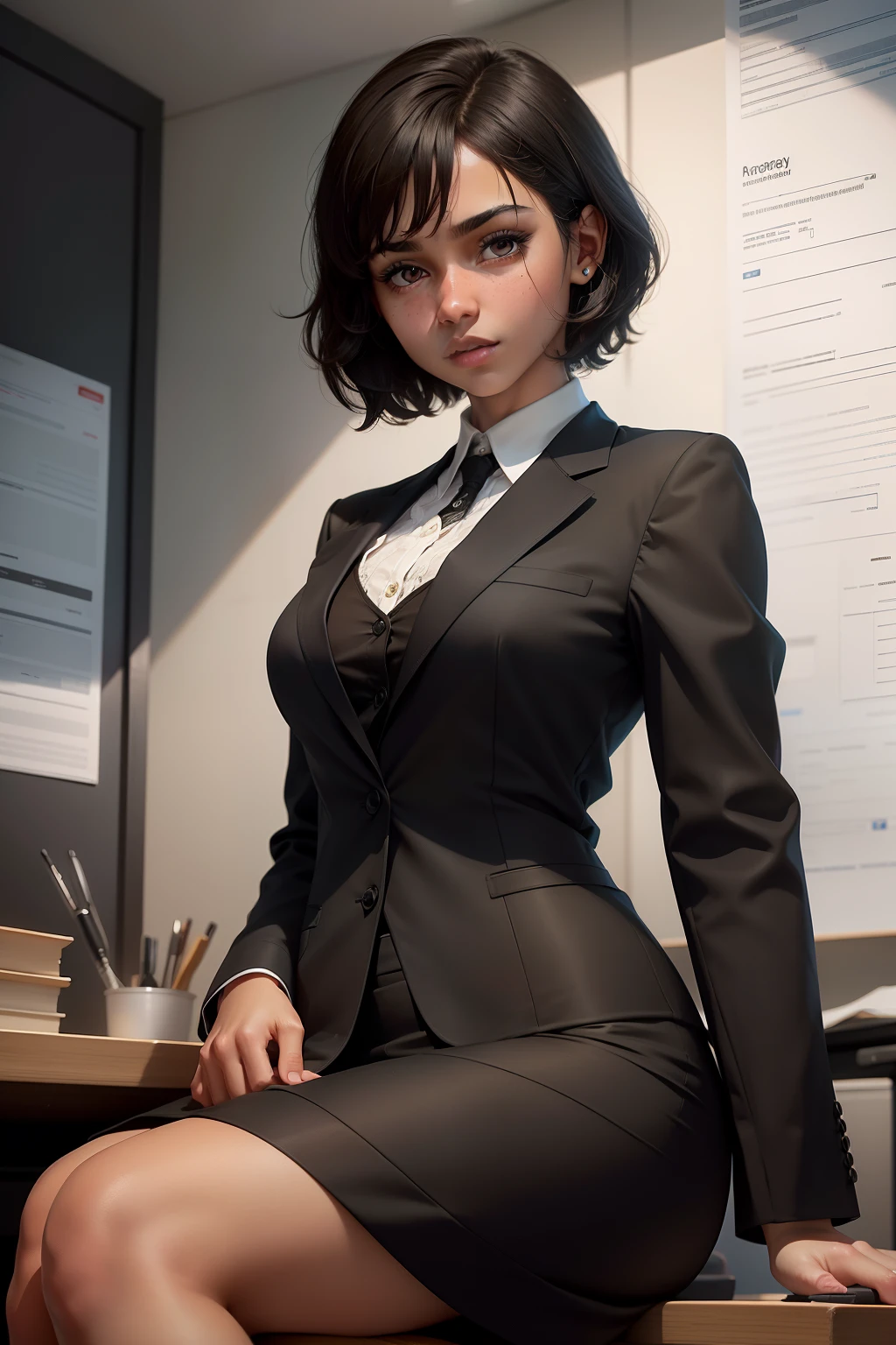 1girl, beautiful girl, brown skin, small mole on her right cheek, half body, Body Length 150 cm, 20 years old, brown skin girl, .(short black hair) , (black eyes), realistic eyes, beautiful and big eyes), formal suit clothes, Small breasts, (8k wallpaper), (Labour Office wallpaper) 8k, high quilty, realistic, beautiful realistic, Cool details, raw photo, realistic clothing, short hair, black hair, realistic hair, Light and cool lighting, photo realistic, Cel shaded, Gel lighting, ultra details, sits in her office at a company