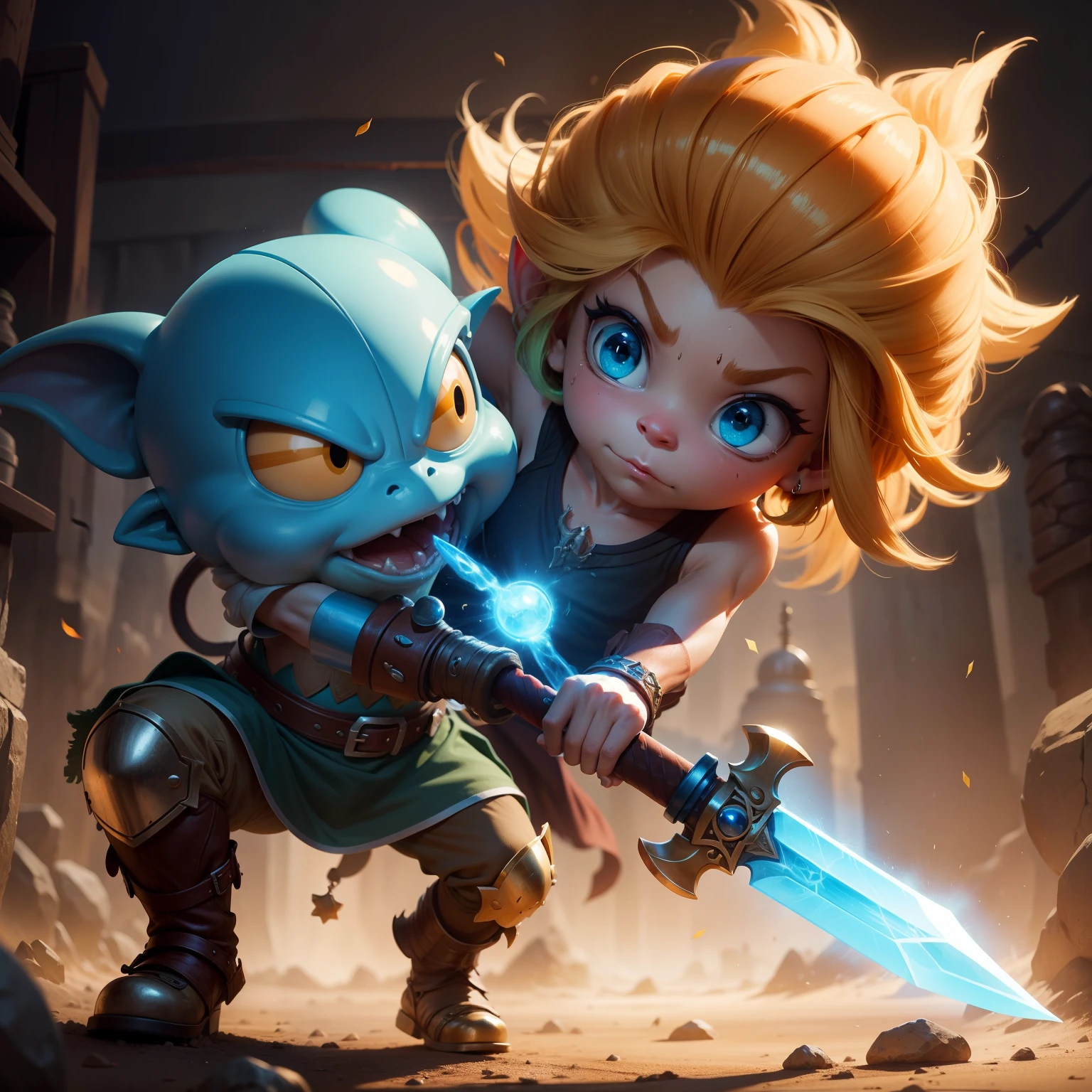 Human beating a globlin with a sword