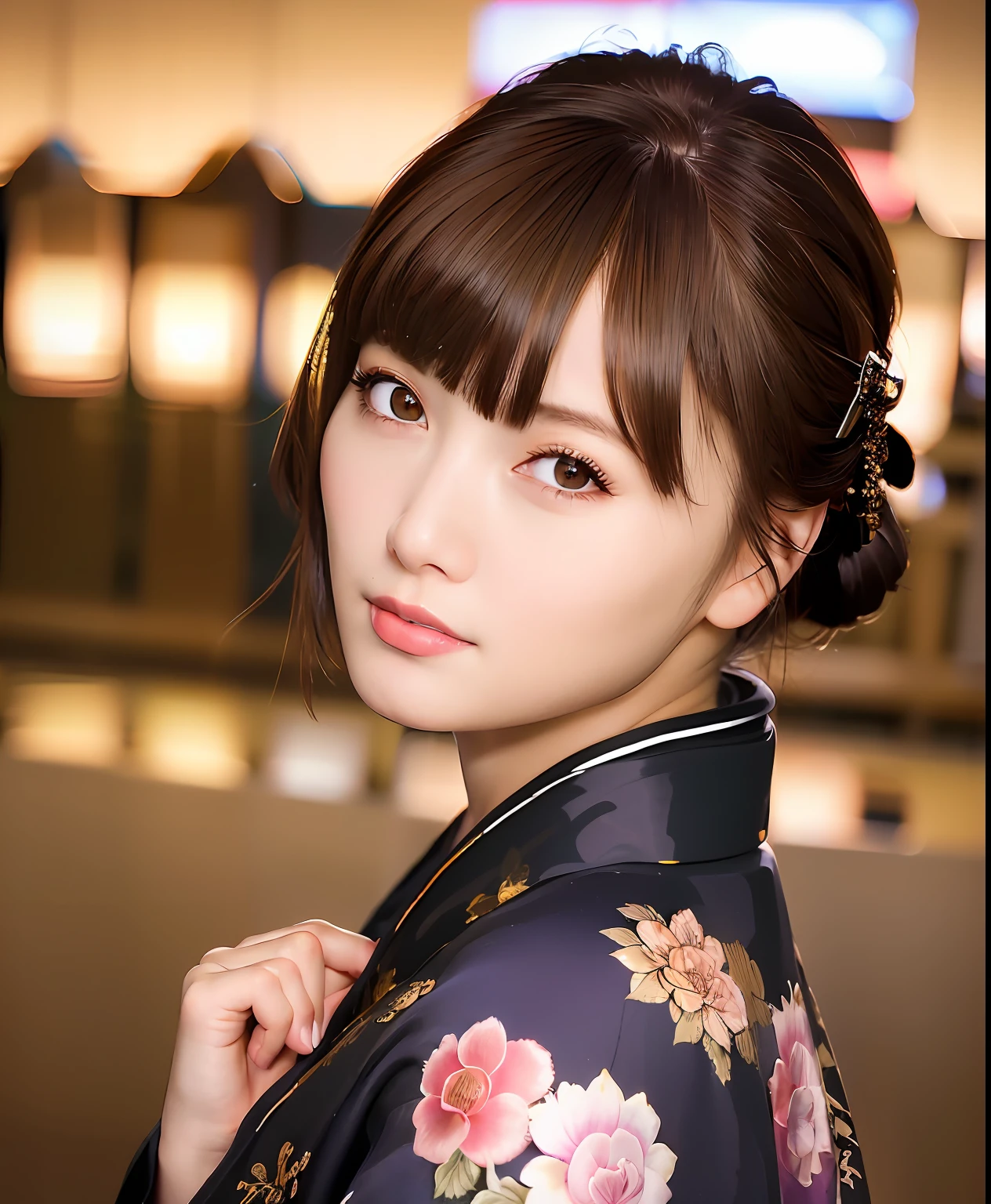 best quality, photorealistic, 8k, high res, 1girl, woman, (skindentation), (professional lighting), (kimono:1.74), gorgeous, (1girl eyes looking at viewer:1.54), ((looking at viewer:1.6)), (looking at the camera), photorealistic, (bokeh), (dynamic pose:1.2), masterpiece, intricate, realistic, sharp focus, award-winning photograph,smile