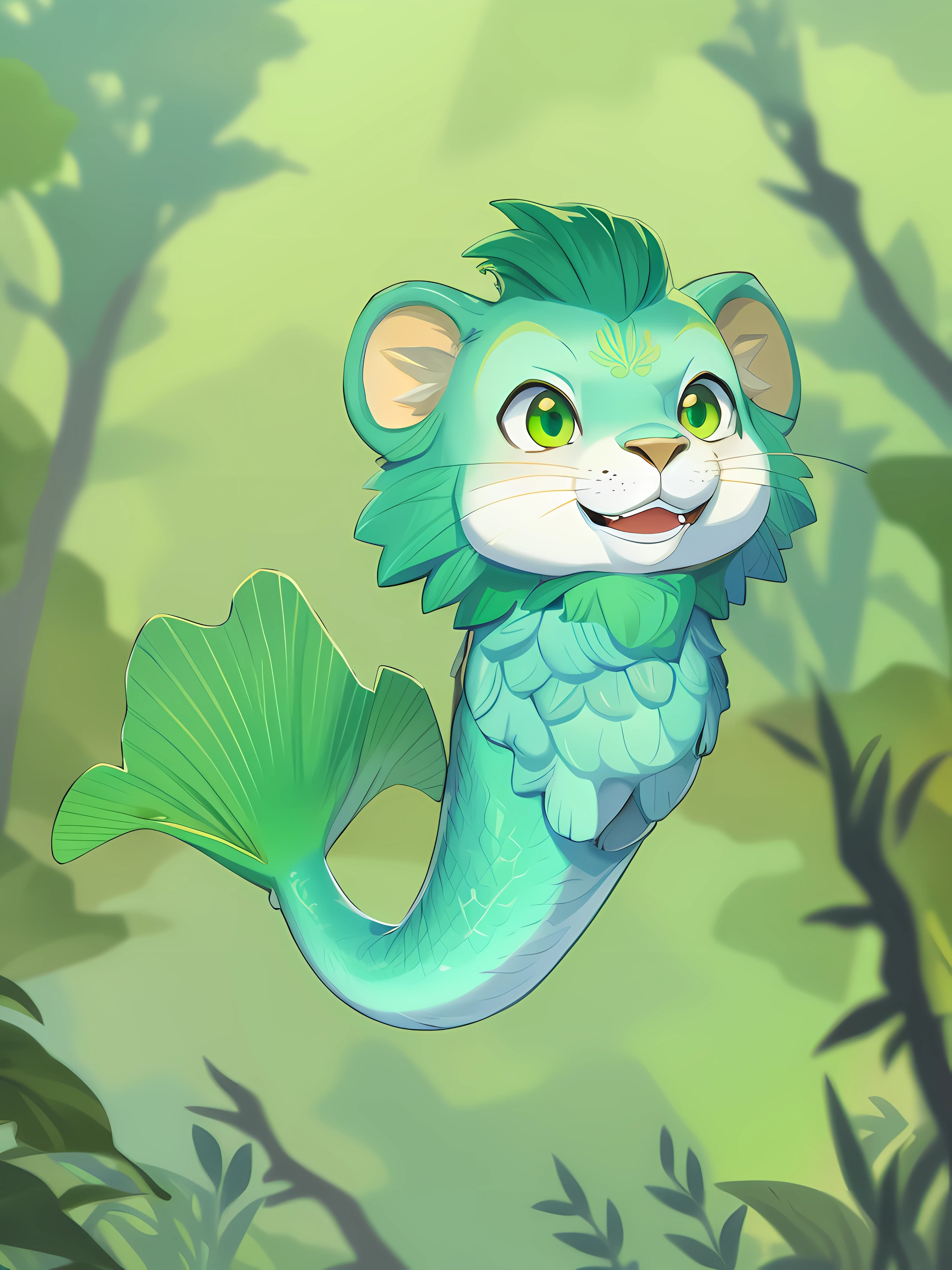 tmasterpiece, Lion's head fish, With a smile, Fish length, (Low saturation green gradient:Body、whair, Lovely head),single body, High-quality portraits,tack sharp focus, 16k, (Lion cubs), (sbeard), Solo creatures, full-shot,(white backgrounid),