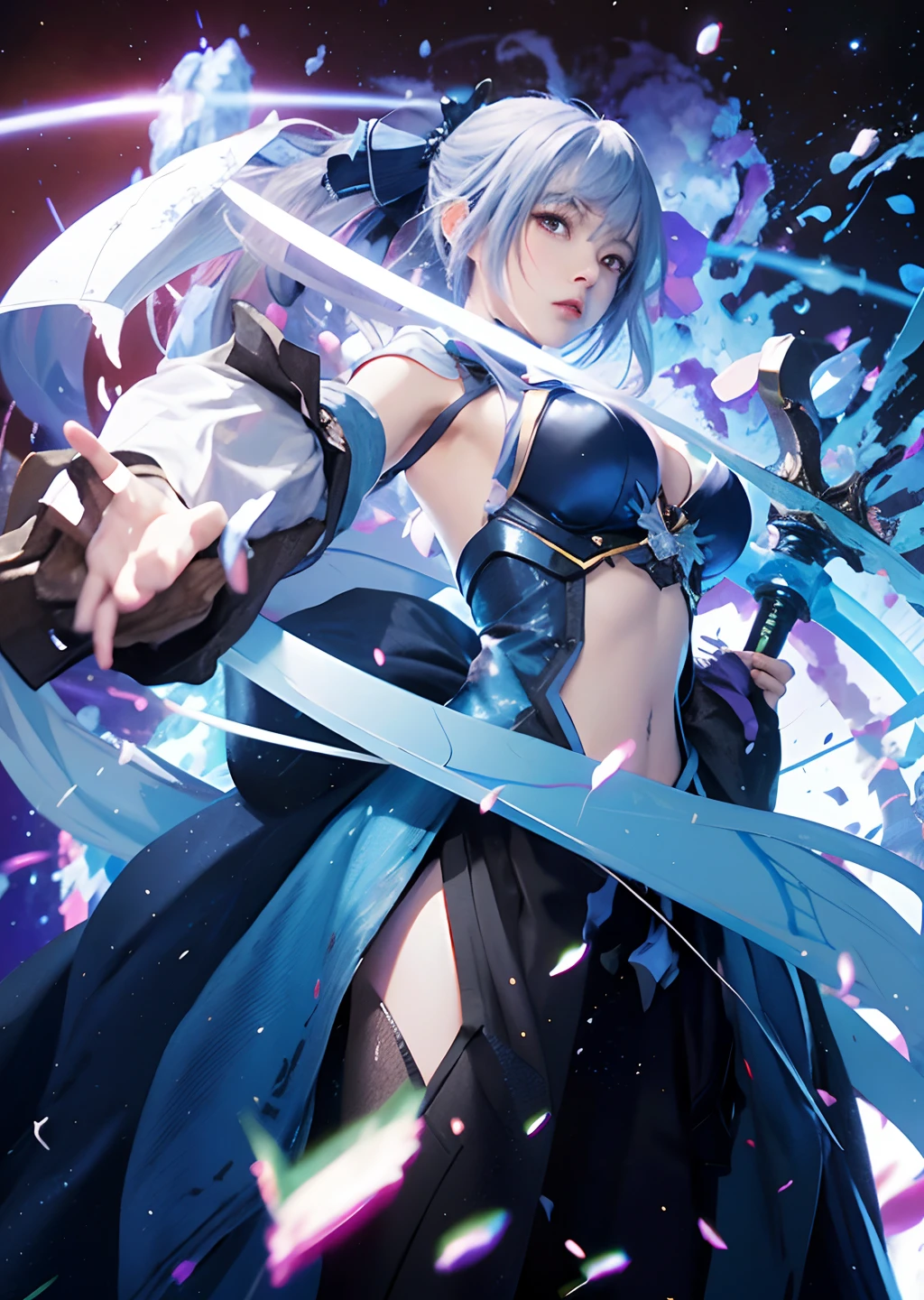 anime girl with sword and blue dress in a space scene, from arknights, best anime 4k konachan wallpaper, cushart krenz key art feminine, extremely detailed artgerm, badass anime 8 k, ayaka genshin impact, trending on artstation pixiv, guilty gear strive splash art, detailed key anime art