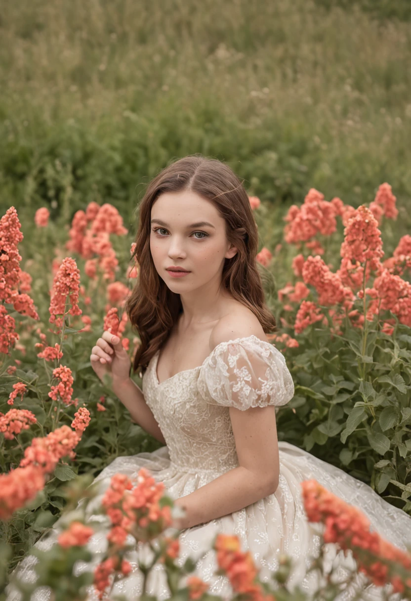 champs de fleur avec une fille au milieu de dos