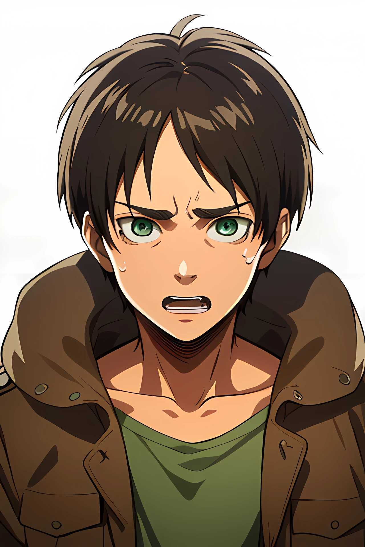 masterpiece, best quality, high quality, 1boy, solo, male focus, looking upwards, upper body, eren_yeager, brown hair, green eyes, jacket, white background, scared face, tears in eyes, shocked face