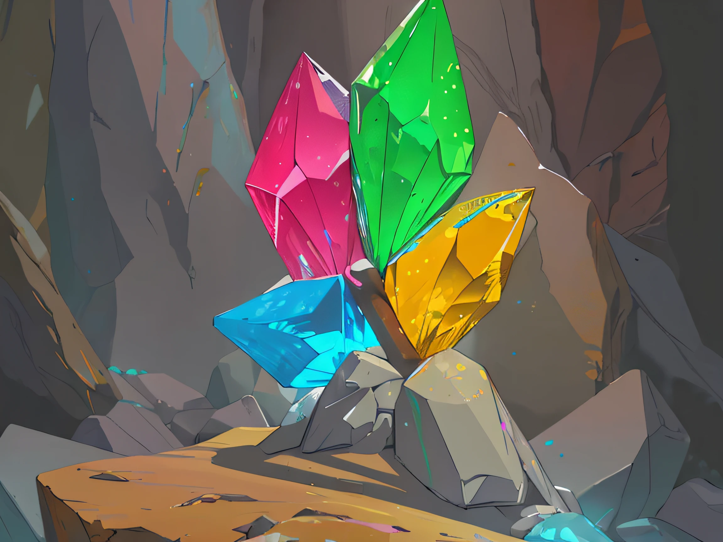 Four transparent colored crystals in a dark cave on a stone pedestal, digitalpainting, shading, High-quality chiaroscuro, pastiche