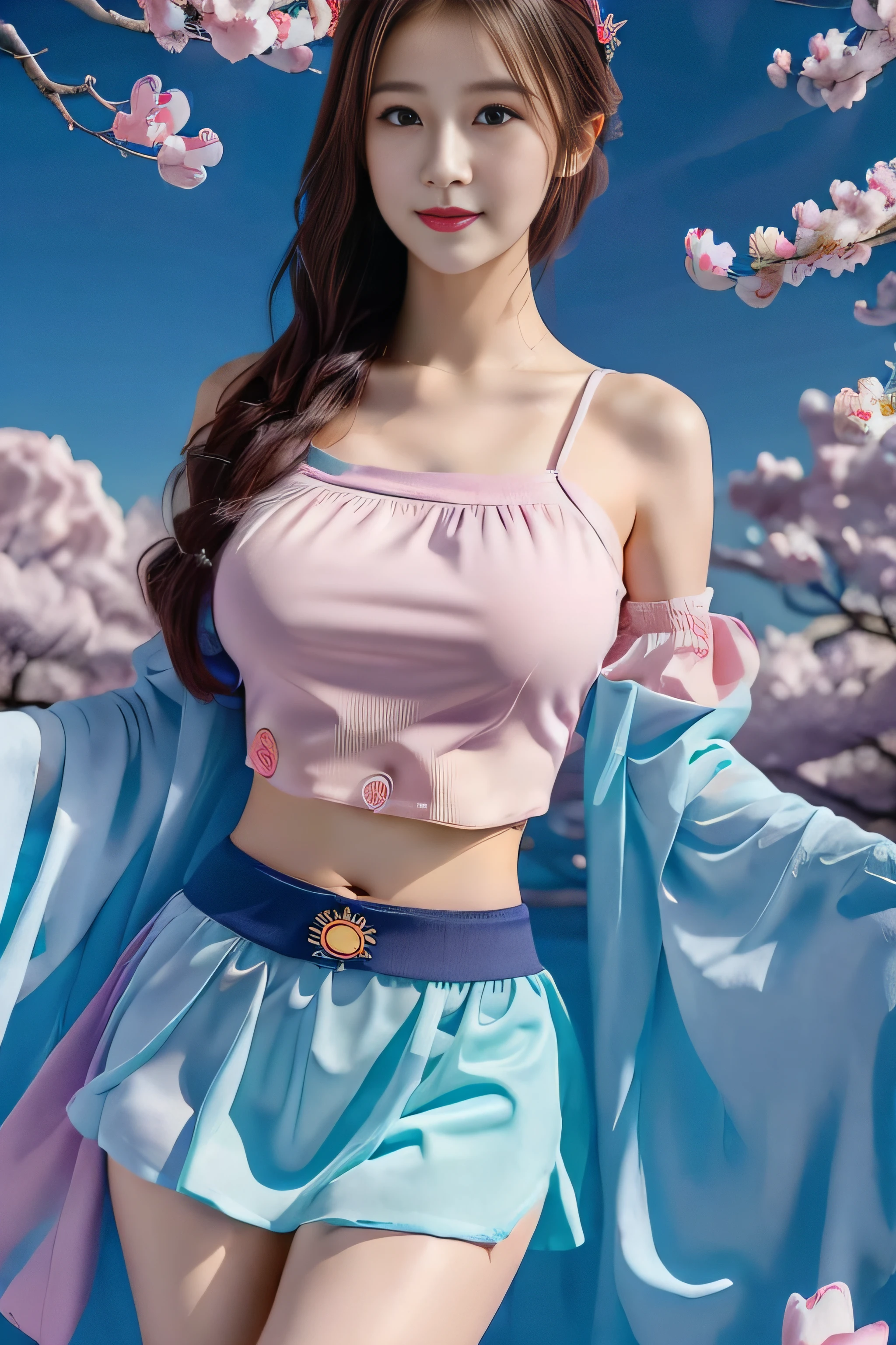 Bust shot, face shot, face specific, (((alone)), (single)))), black hair, a beautiful girl, ((delicate pale pink clothes)), cyan streamers, gauze skirt, texture, delicate pattern, hair bundle, cool clothing, high slit, beautiful, leg, stocking, translucent clothing, tulle texture, black hair, master work, close-up lens, depth of field, crystal, crystal decoration, crystal headdress, pretty girl, (( rainy, ray, delicate clothes, bare shoulders, delicate details, eye highlights, delicate clothing, delicate patterns, antique style, Chinese style, fine portrayal, extreme details, cinematic quality, thin, slender, hair details, thin bangs, coiled hair, correct body, shadows, air bangs, 8K, super fine, fine damask texture, smooth, silky, silk, gauze skirt fabric, (tulle: 1.9), smooth, smooth texture, good complexion, (((mountains)), river, Meadow, tree, ((green mountain)), petal, landscape, smile, tsurime, surrealism, ray tracing, UHD, high details, super detail, highres, 8k, high quality, high details, textured skin, ccurate, anatomically correct, best quality, highres, high quality, textured skin, high details, anatomically correct, super detail, anatomically correct, anatomically correct
