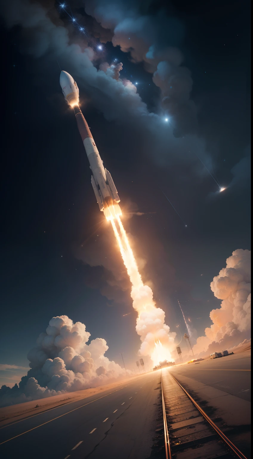 As the rocket gains height, its flames give way to the deep blue of the sky, and it goes into orbit, Making way for outer space. Speed is reached, and the Earth begins to shrink, uma esfera azul e branca suspensa em um vasto vazio.