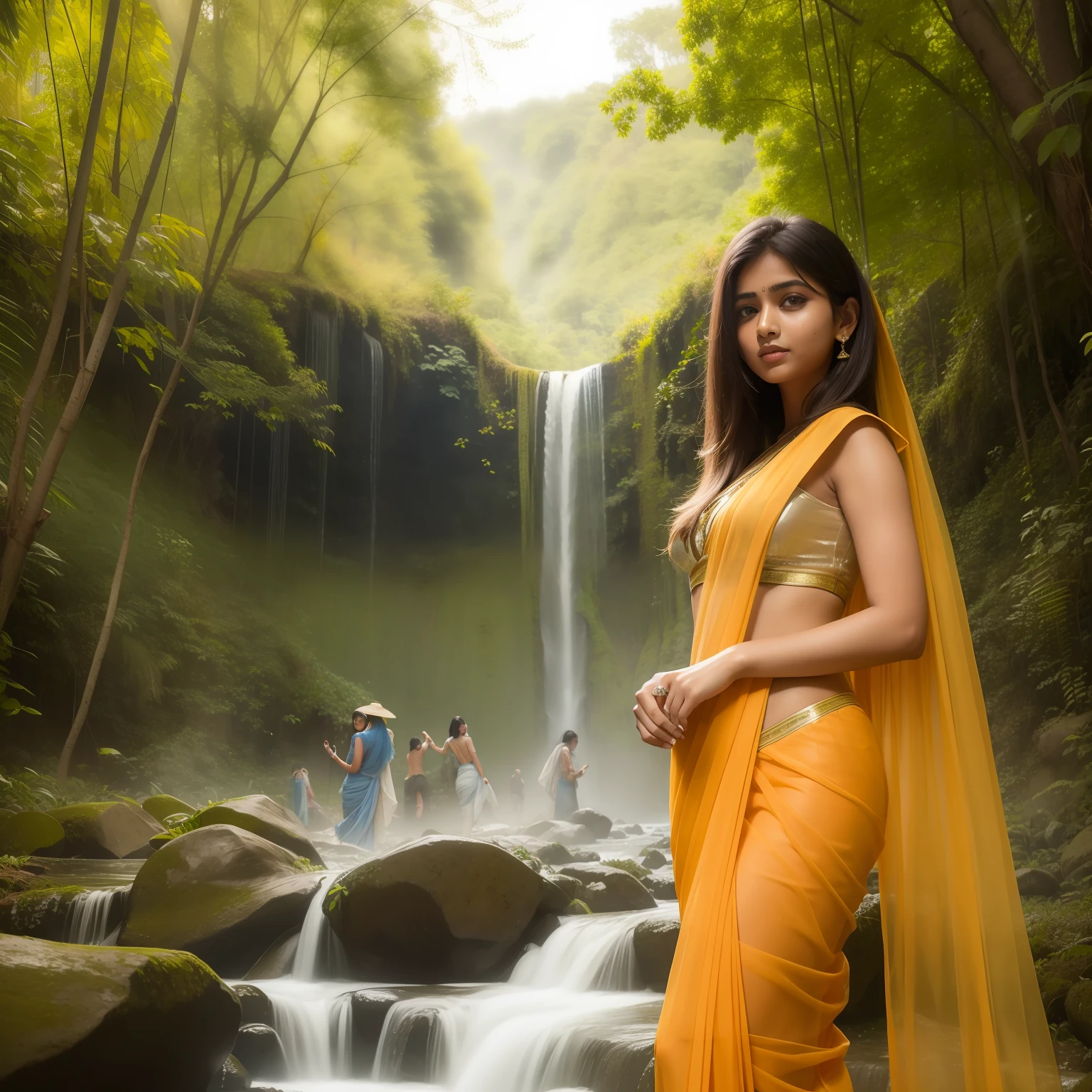 Beautiful Indian girls, transparent sari, beautiful jungle and fall background