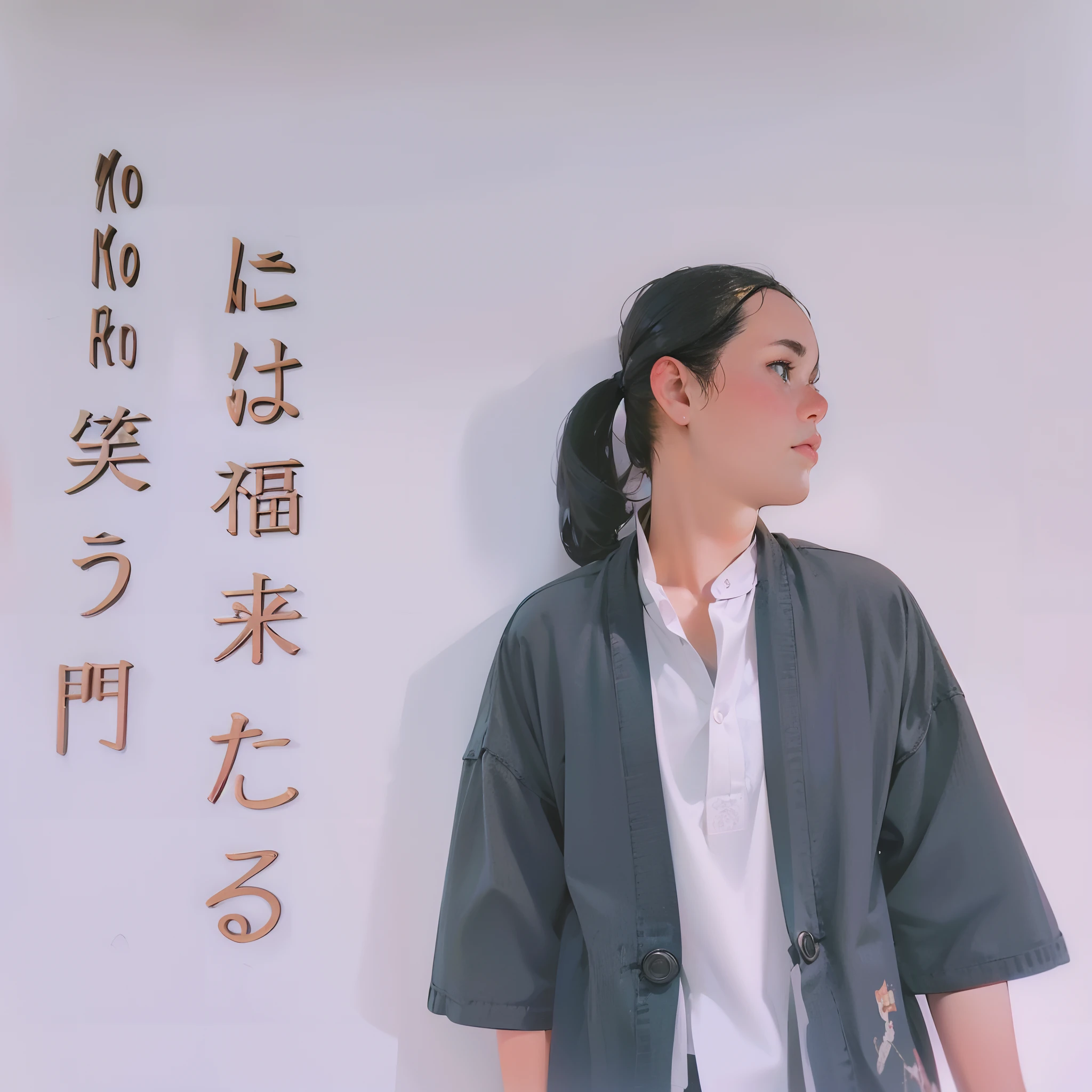 Detailed illustration, masterpiece, solo, low angle, ((drawn with very thin lines)), vertical elliptical face, young beauty, white oversized tunic, ((gathered on the chest)), very ruddy cheeks, long brown hair, wind, straight hair, full body, expressionless, eyes open, black eyes, slightly visible bra, long skirt, yellow wide headband, knee alignment, legs shoulder-width apart, By the window of the office, sitting at the desk, gazing, the street of the middle building outside the window,