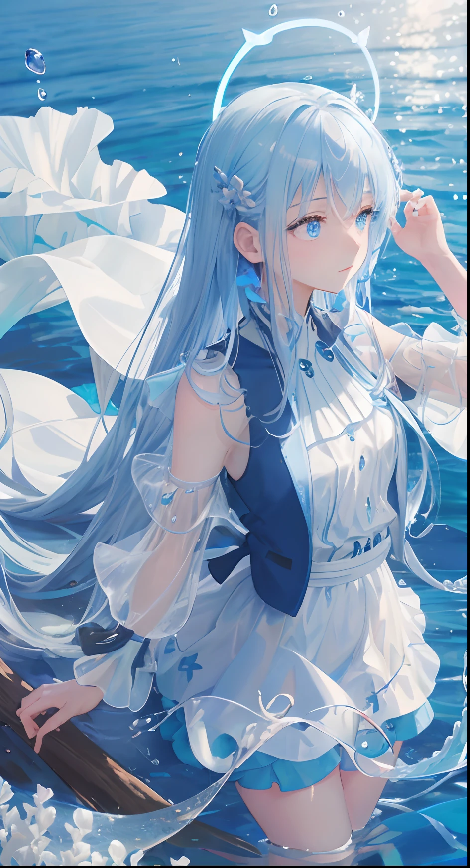 art by Cornflower，Dready meticulous eyes，Perfect depth of field，Enhanced halo，highlight face detail，The score is greater than 10，Beautiful ocean，Clear and transparent，Water drop surface。Blue tentacles with long hair and waist。white  clothes