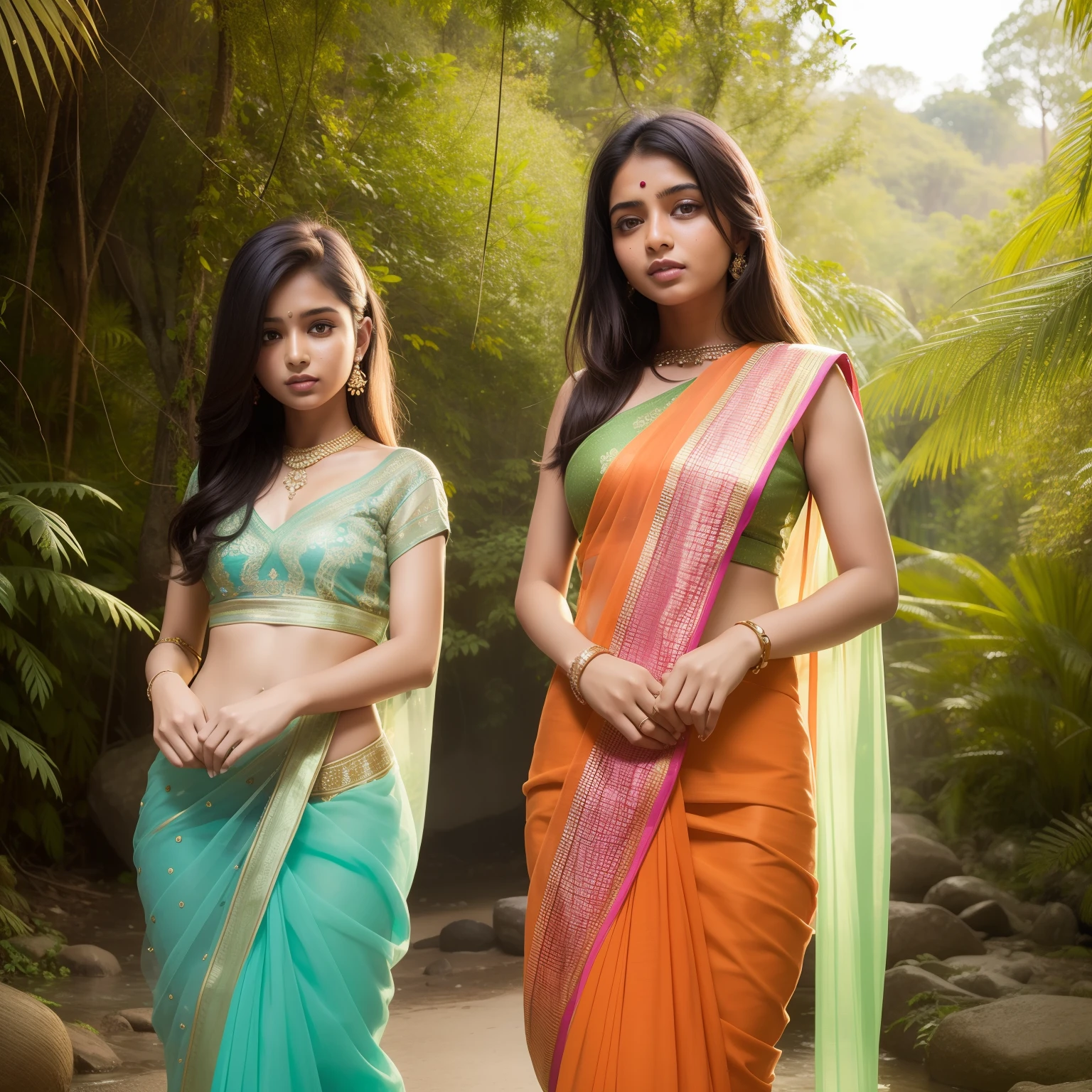 Beautiful Indian girls, transparent sari, beautiful jungle and fall background
