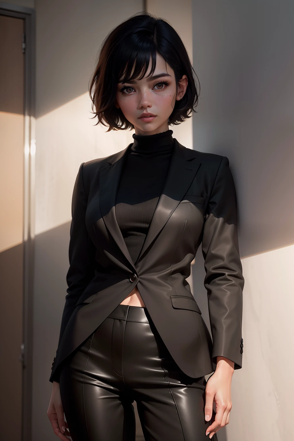 1girl, beautiful girl, brown skin, small mole on her right cheek, half body, Body Length 150 cm, 20 years old, brown skin girl, .(short black hair) , (black eyes), realistic eyes, beautiful and big eyes), formal suit clothes, Small breasts, (8k wallpaper), (Labour Office - Company wallpaper) 8k, high quilty, realistic, beautiful realistic, Cool details, raw photo, realistic clothing, short hair, black hair, realistic hair, Light and cool lighting, photo realistic, Cel shaded, Gel lighting, ultra details