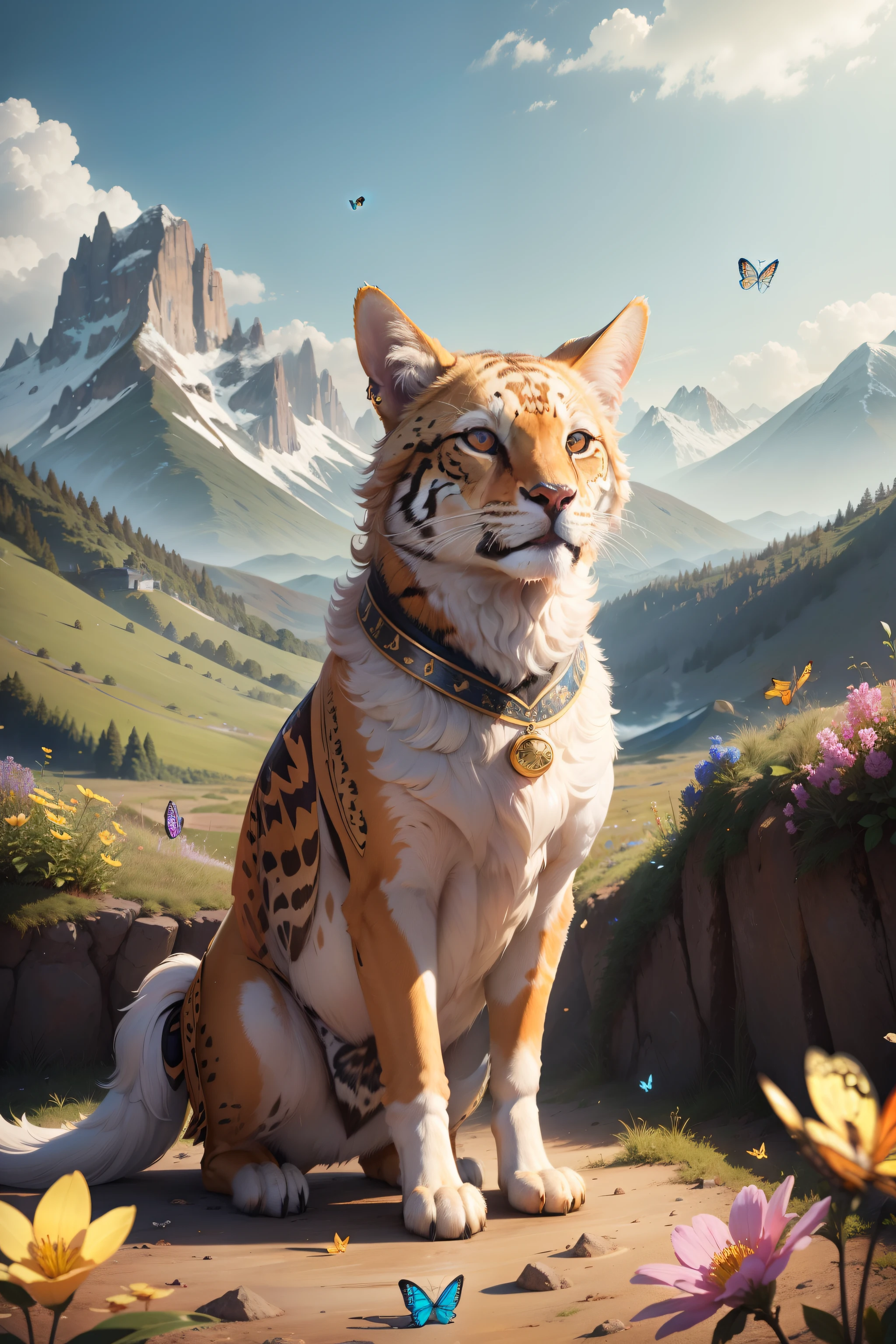 A golden retrever drinks in the middle of a plain surrounded by mountains with a butterfly perched on the nose and with several others around high vegetation and many flowers masterpiece of better quality, fotorrealista, detalhado, 8k, HDR,