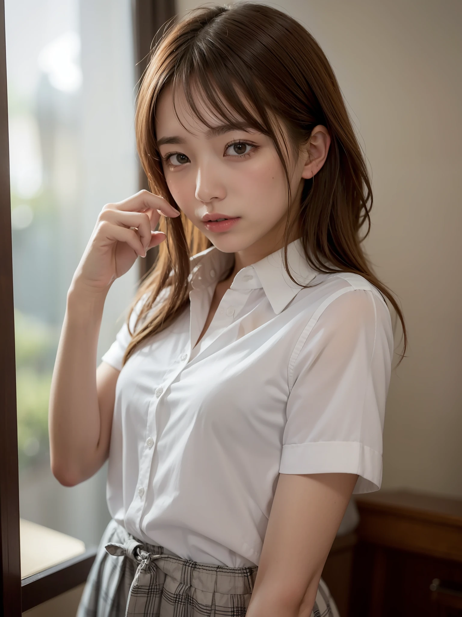 ((of the highest quality, 8K, masutepiece: 1.3, Raw photo)), Sharp Focus: 1.2, (1 AESPA Girl: 1.2), (Realistic, Photorealistic: 1.37), (Face Focus: 1.1), Cute face, Same as, Medium chest, Short messy hair, (Wet white shirt: 1.1), Wet body, Sitting bathroom, From below, Sunlight, Movie Lighting, hyperdetailed face,