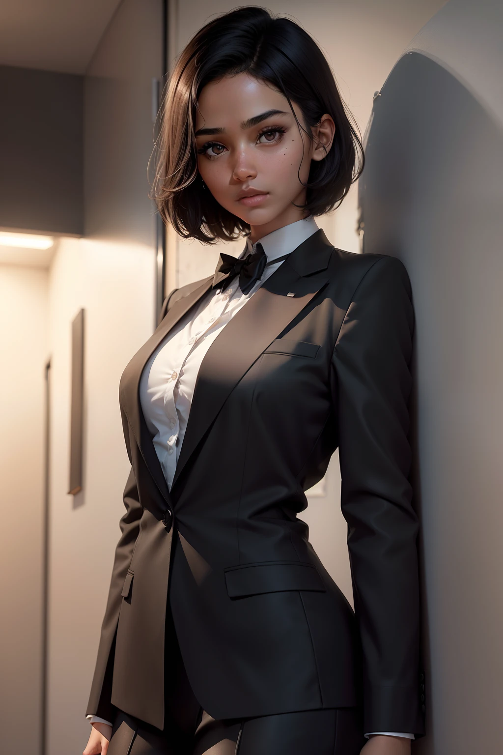 1girl, beautiful girl, brown skin, small mole on her right cheek, half body, Body Length 150 cm, 20 years old, brown skin girl, .(short black hair) , (black eyes), realistic eyes, beautiful and big eyes), formal suit clothes, Small breasts, (8k wallpaper), (Labour Office - Company wallpaper) 8k, high quilty, realistic, beautiful realistic, Cool details, raw photo, realistic clothing, short hair, black hair, realistic hair, Light and cool lighting, photo realistic, Cel shaded, Gel lighting, ultra details