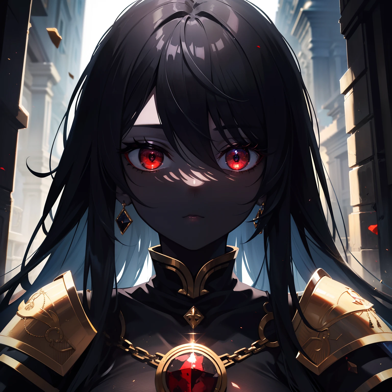 (Masterpiece, Best quality, ultra high resolution, splendid),1girl,black hair, beautiful and detailed face, detailed eyes,(colored skin, black skin), black stone armor, red eyes,in a black marble temple, destroyed temple