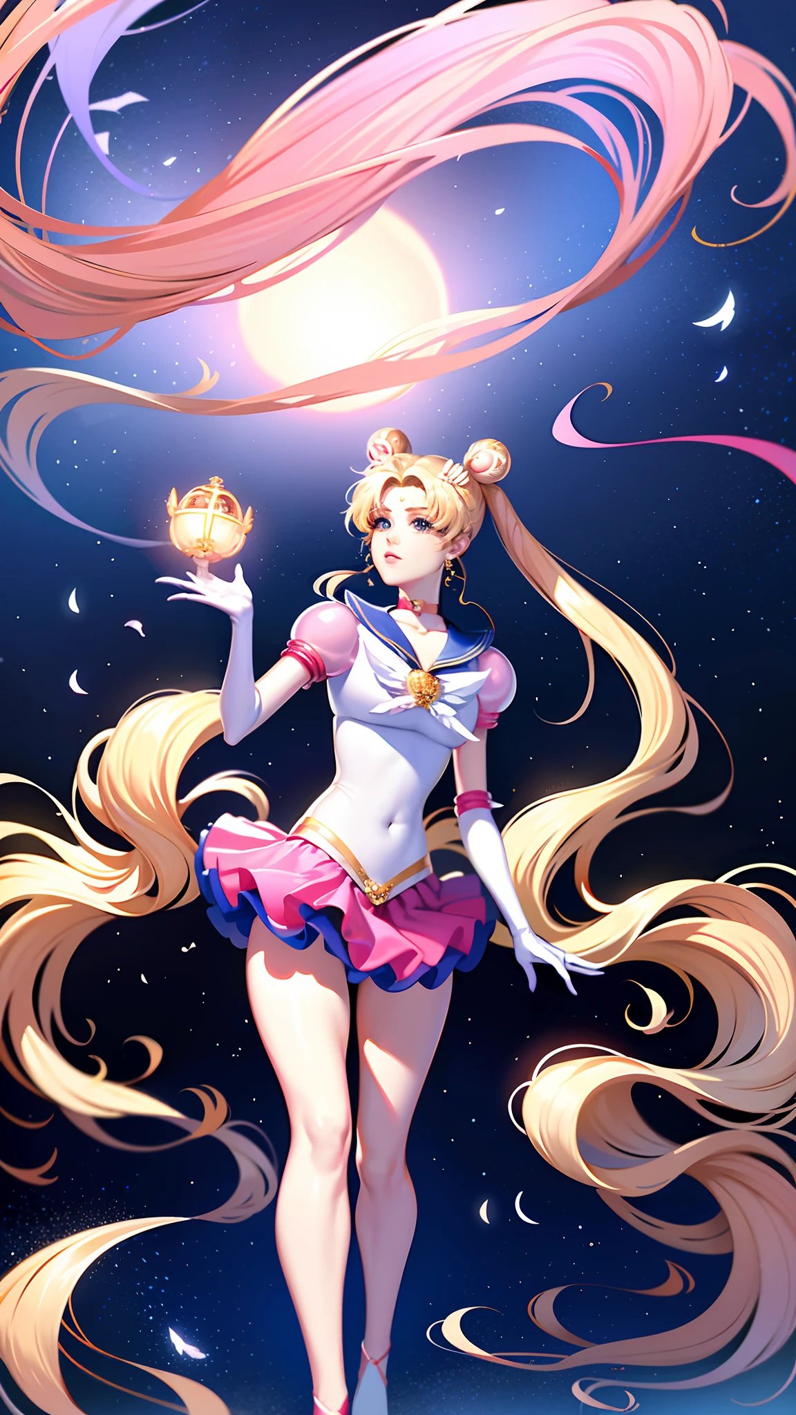 8K，RAW photos，best qualtiy，tmasterpiece：1.2），（超高分辨率：1.0），A detailed illustration，A detailed，（realisticlying，Fidelity：1.37），detailed beautiful skin，the sailor moon，Osaghi, double bun hair, double tails, Parted bangs, hair adornments, crescent facial mark, jewelry, Earrings, choker necklace, puffy short sleeves, pink sleeve, heart brooch, White gloves, Elbow gloves, Layered skirt